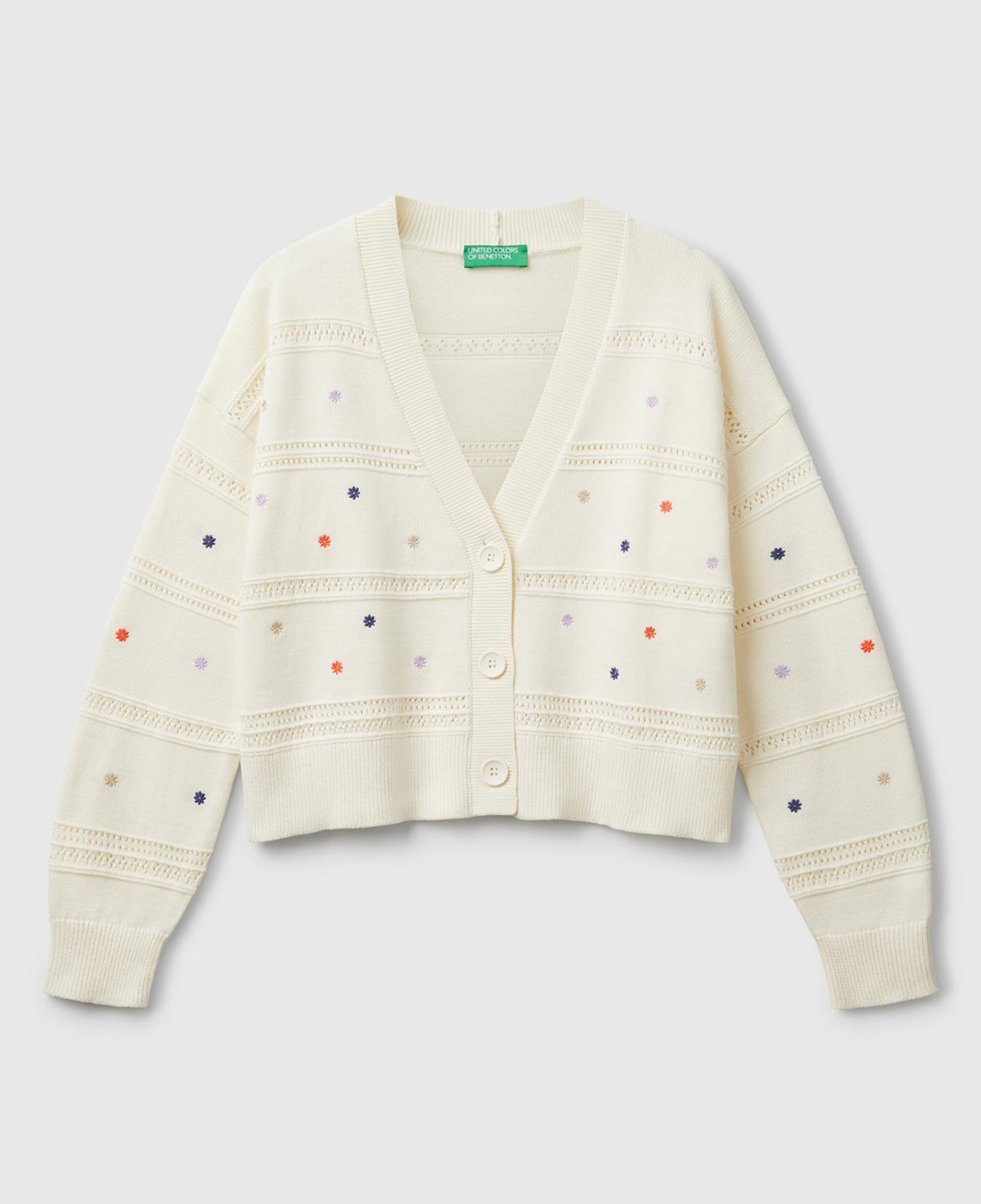 Kadın Krem %100 Pamuk Çiçek İşlemeli Nervür Detaylı Düşük Omuzlu Hırka