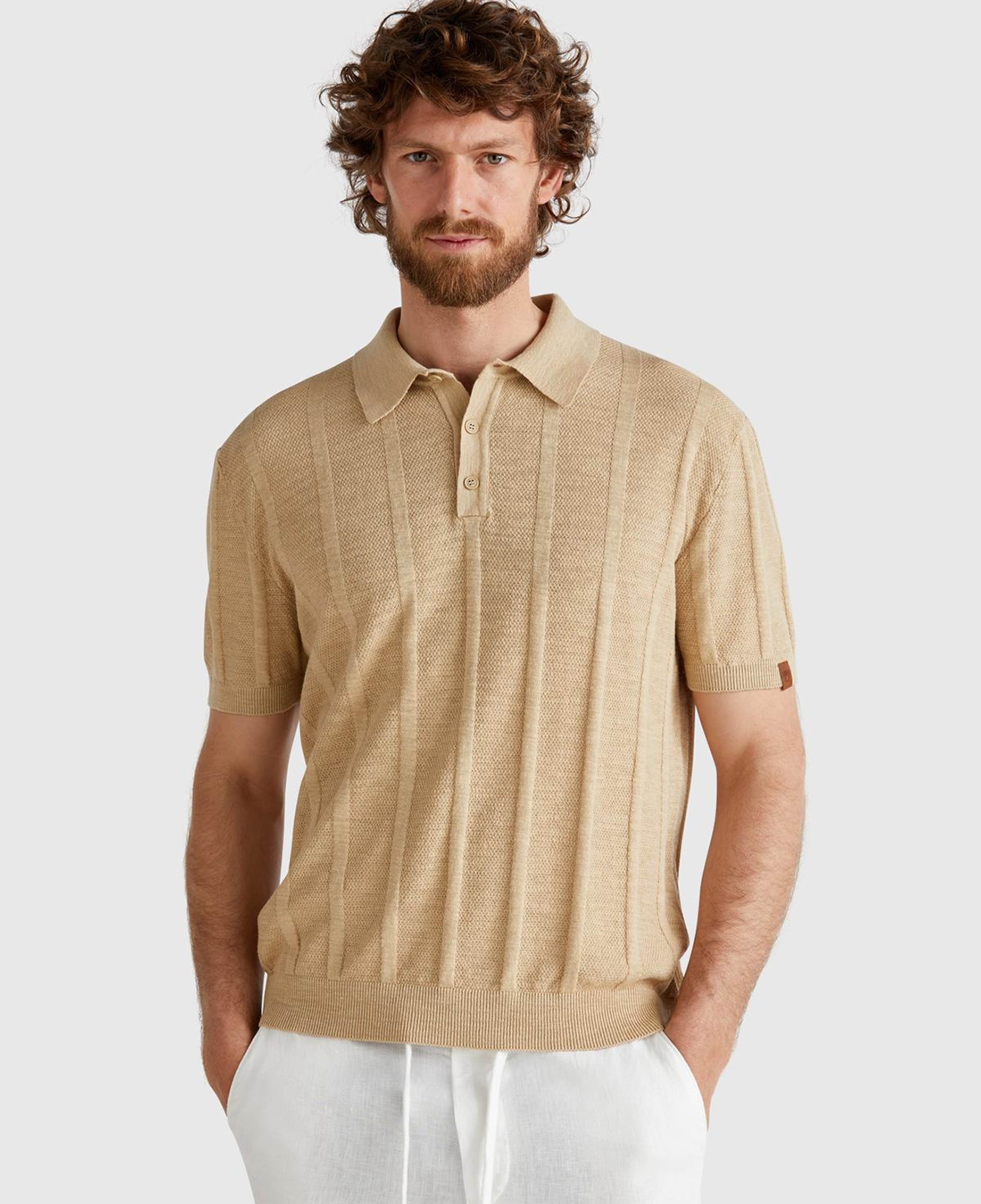 Erkek Bej Pamuk Karışımlı Kontrastlı Düğmeli Regular Fit Triko Polo T-Shirt