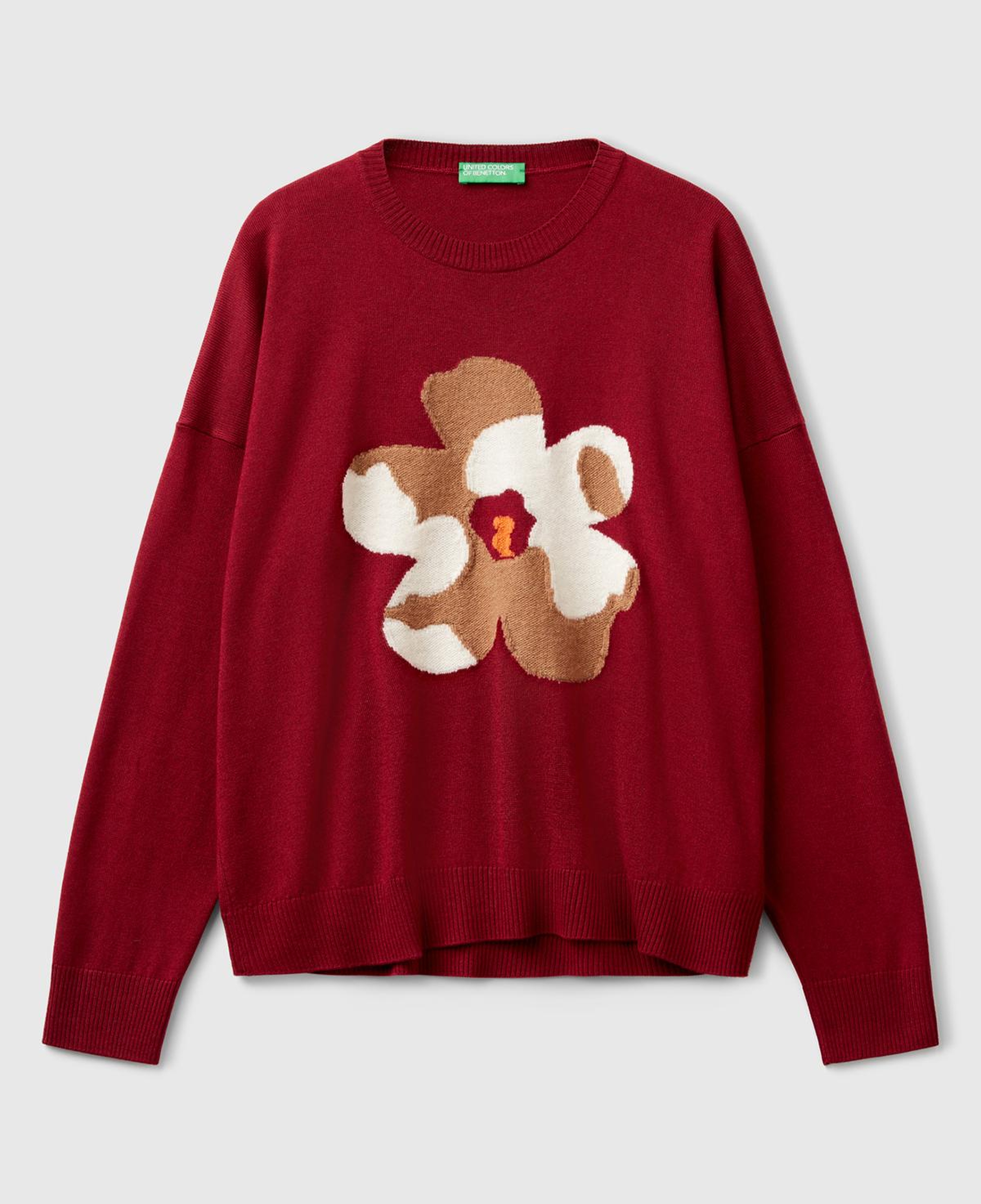 Kadın Bordo Viskoz Karışımlı Çiçek Desenli Kazak