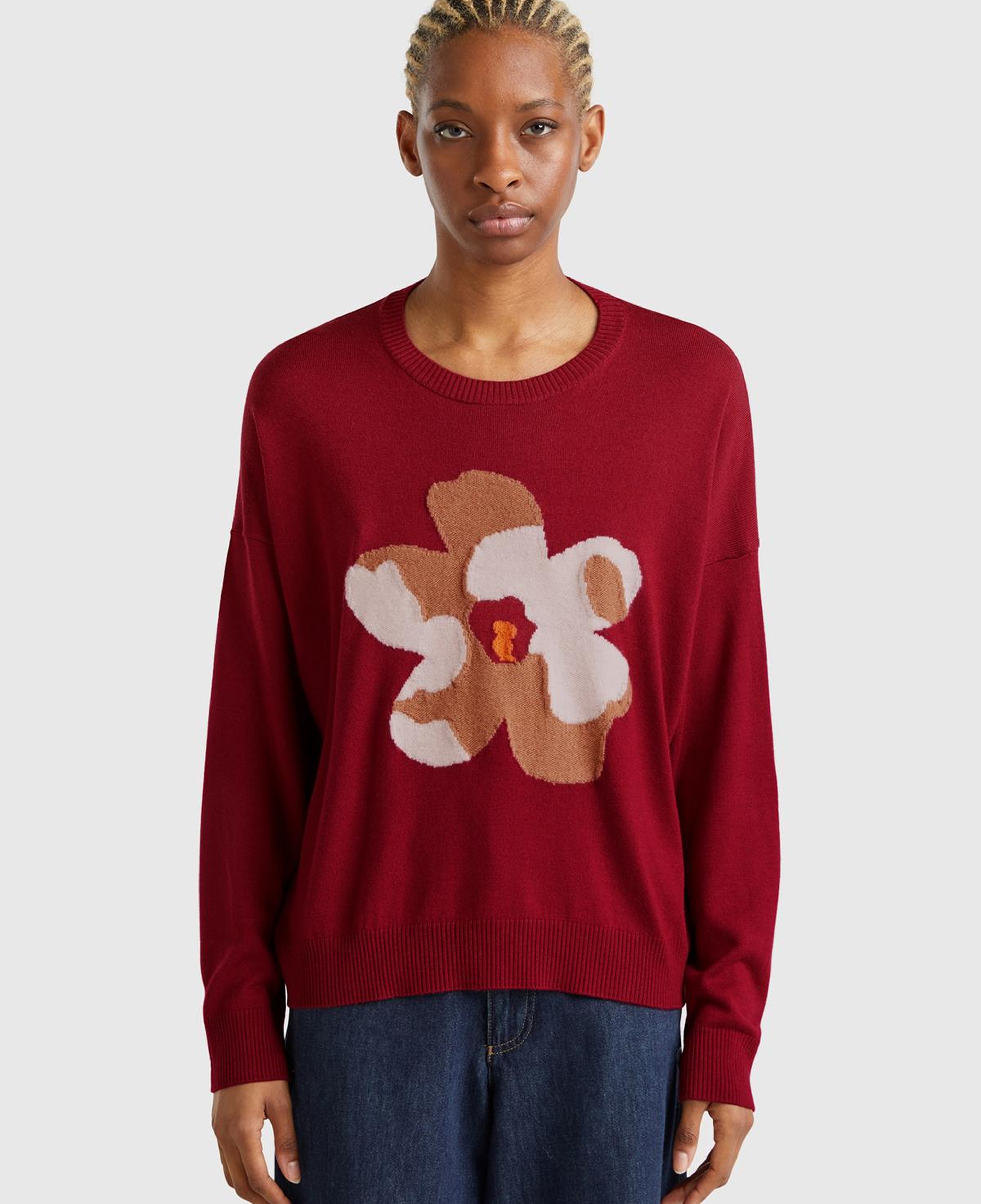 Kadın Bordo Viskoz Karışımlı Çiçek Desenli Kazak