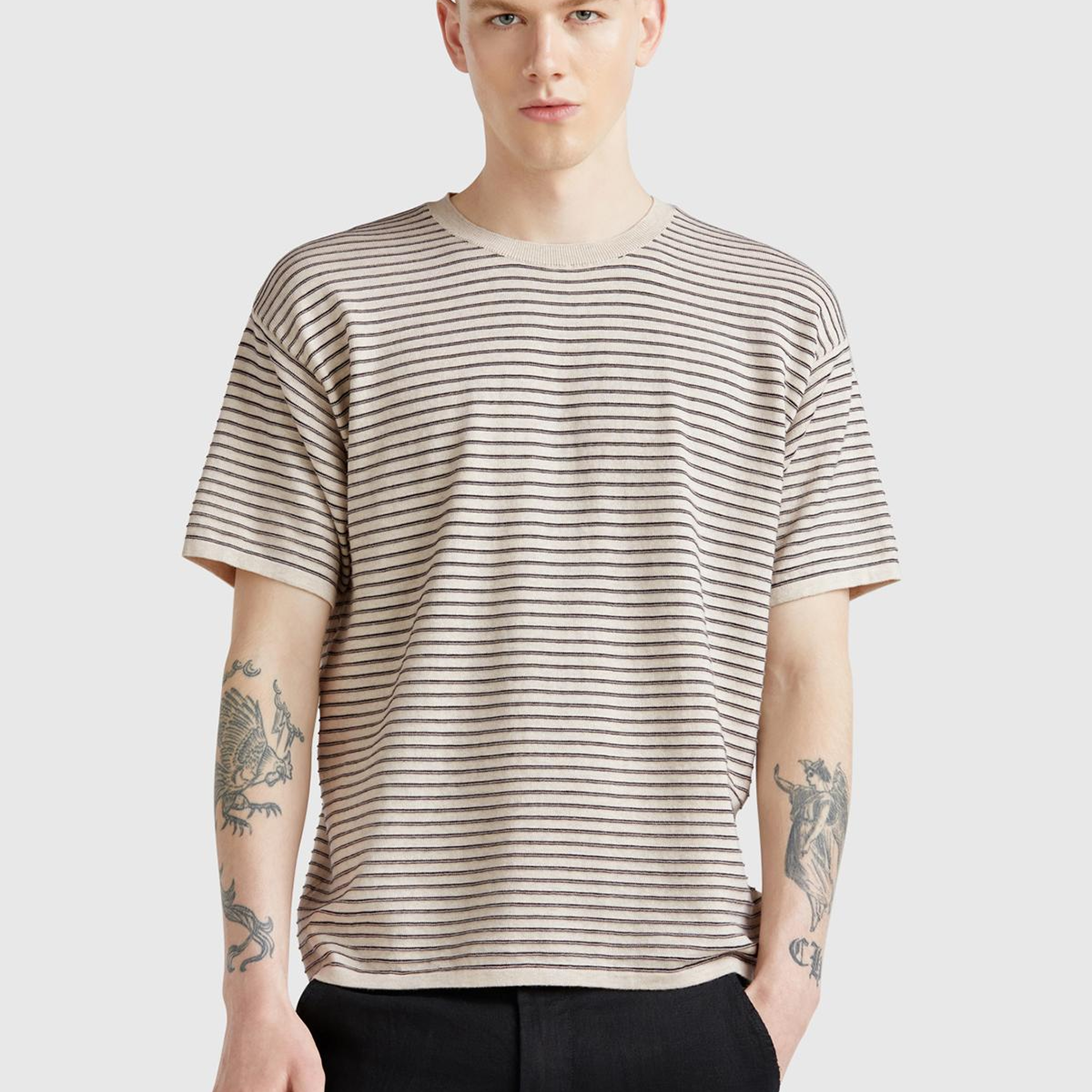 Erkek Bej %100 Koton Kısa Kollu Çizgili Rahat Kesim T-Shirt