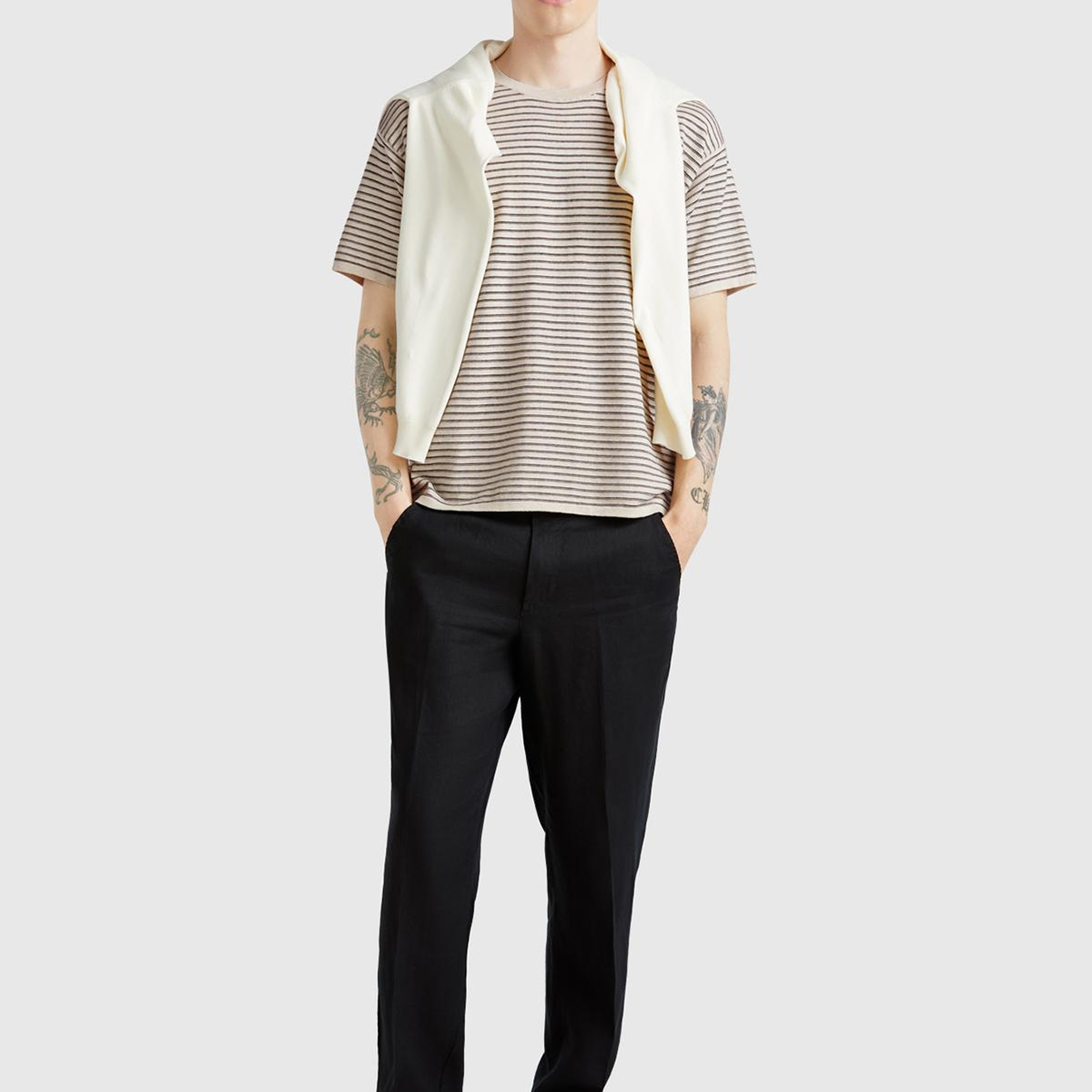 Erkek Bej %100 Koton Kısa Kollu Çizgili Rahat Kesim T-Shirt