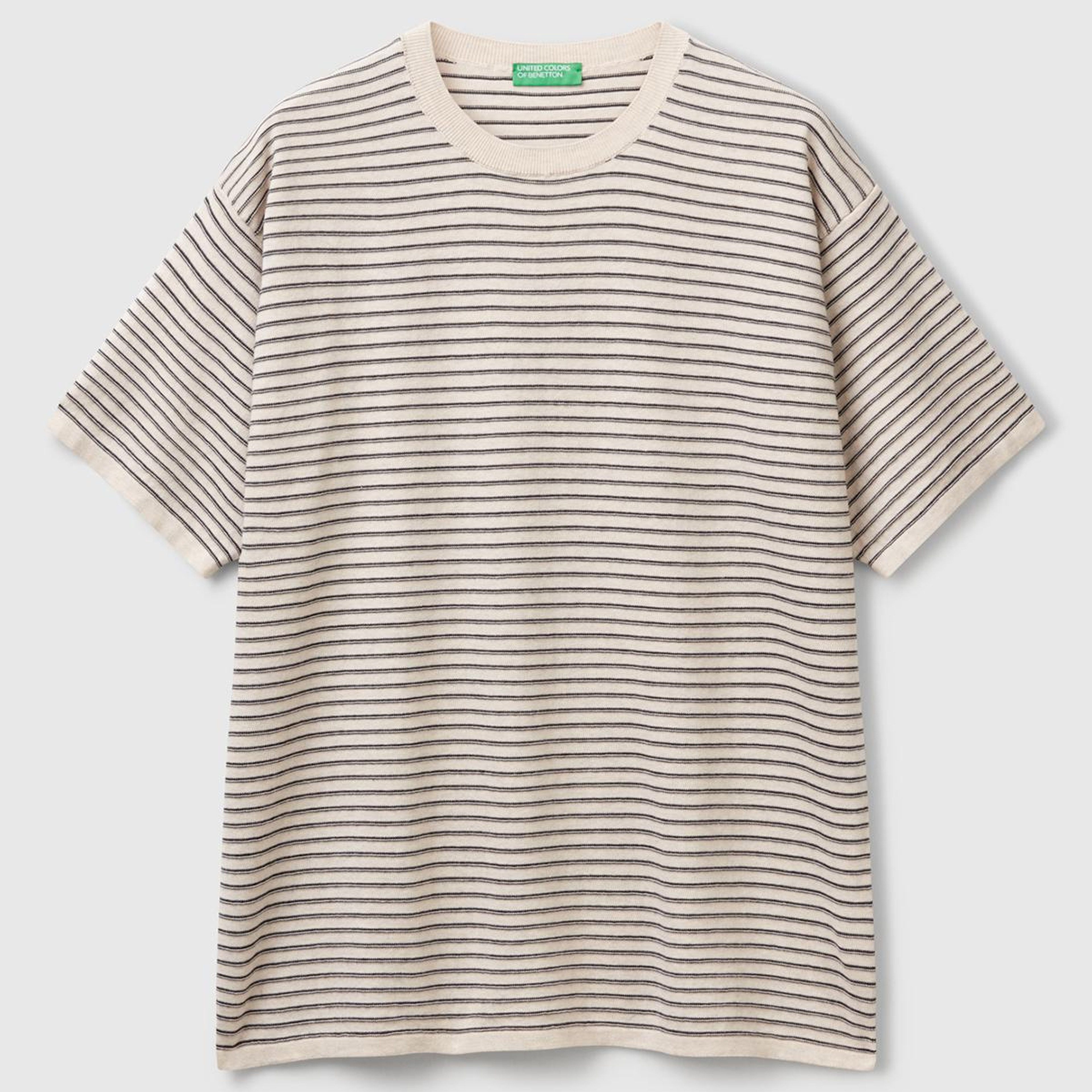 Erkek Bej %100 Koton Kısa Kollu Çizgili Rahat Kesim T-Shirt