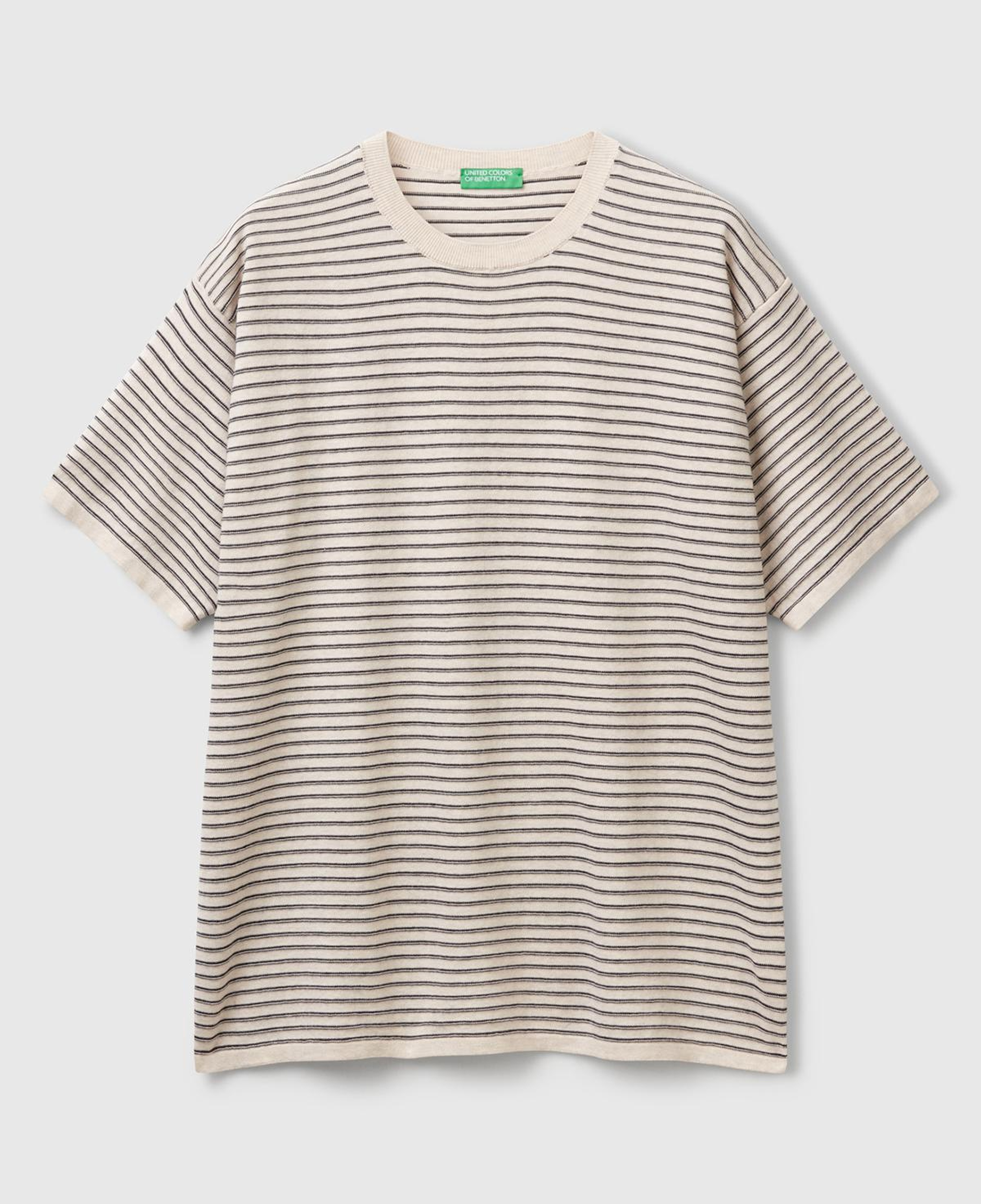 Erkek Bej %100 Koton Kısa Kollu Çizgili Rahat Kesim T-Shirt