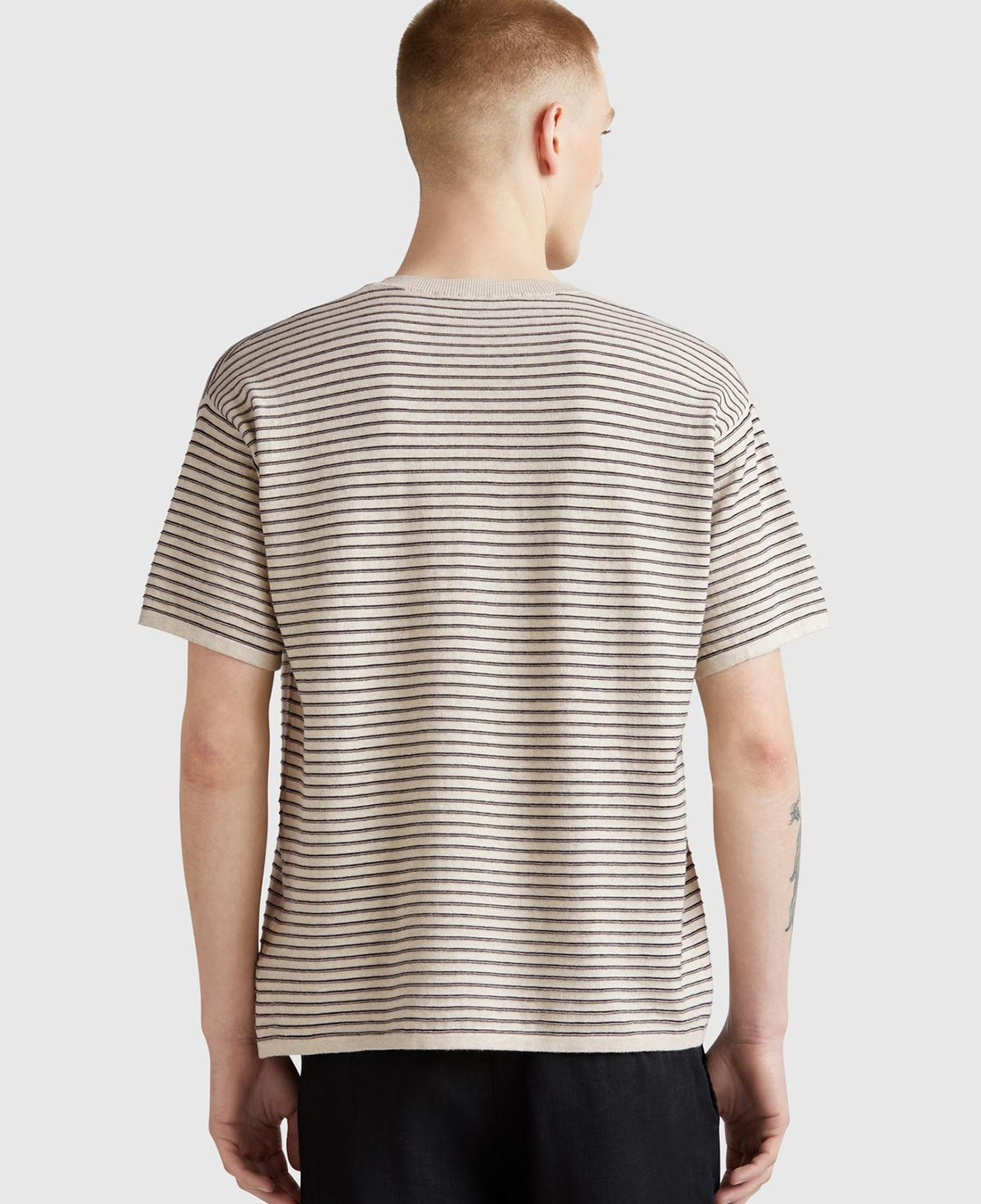 Erkek Bej %100 Koton Kısa Kollu Çizgili Rahat Kesim T-Shirt