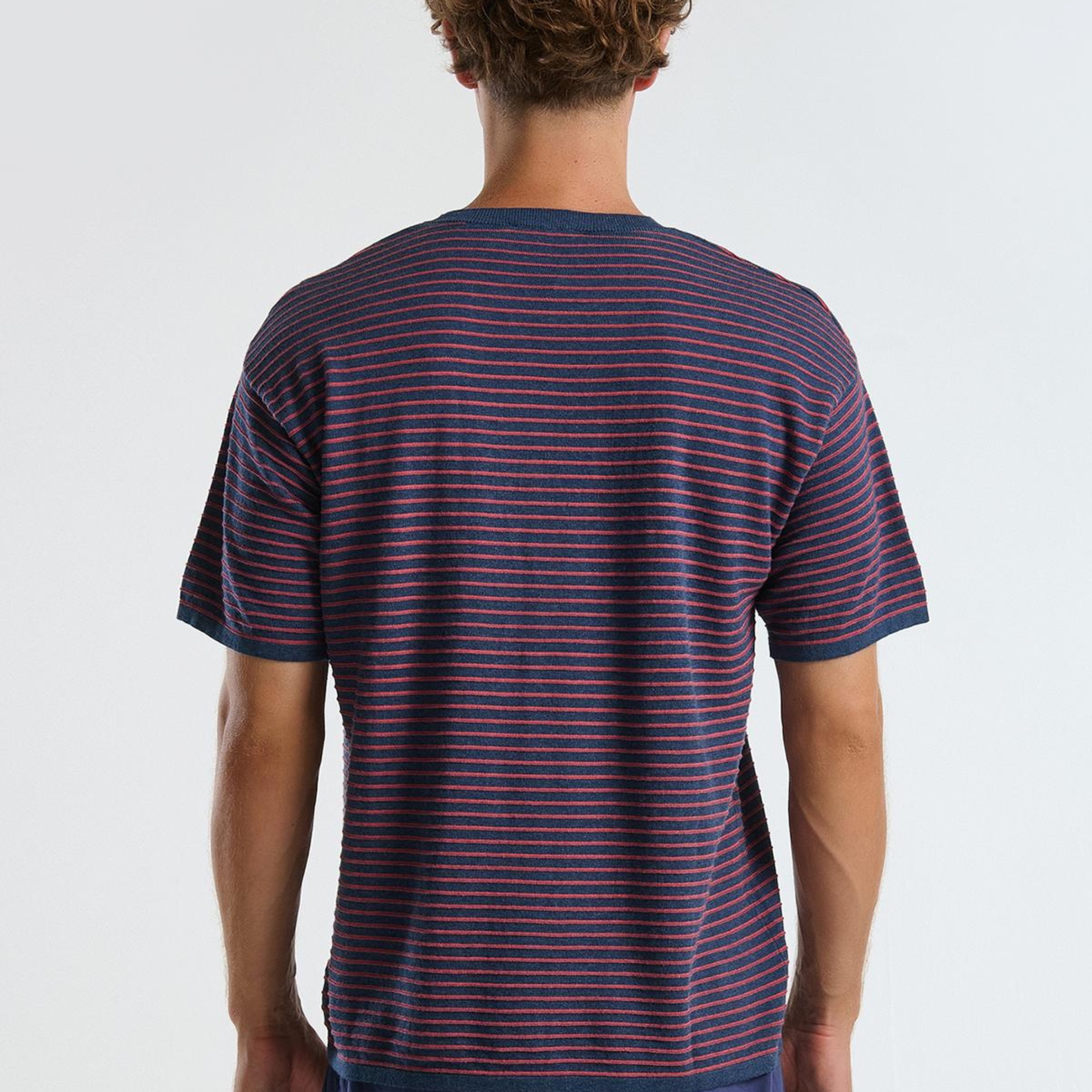 Erkek Lacivert Mix %100 Koton Kısa Kollu Çizgili Rahat Kesim T-Shirt