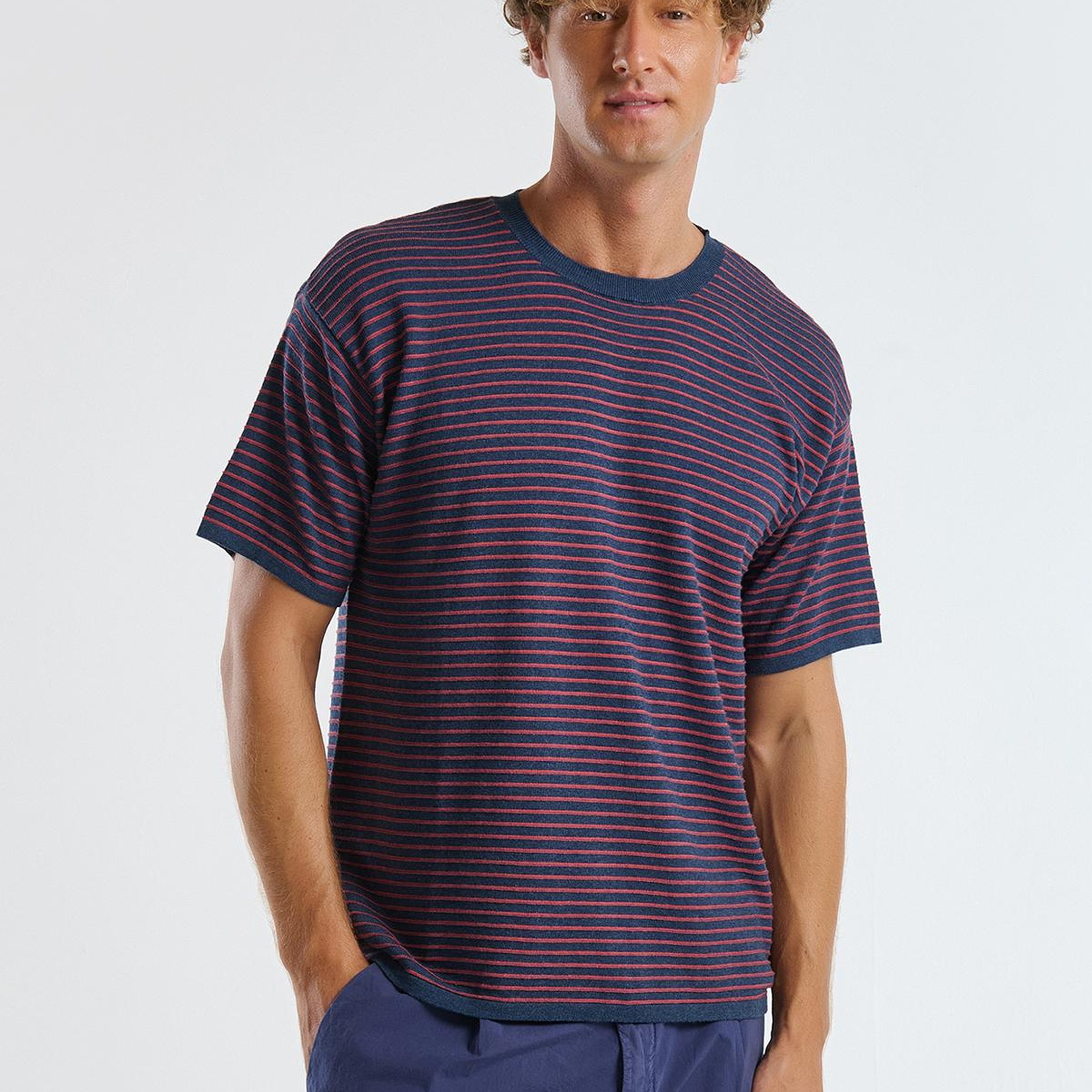 Erkek Lacivert Mix %100 Koton Kısa Kollu Çizgili Rahat Kesim T-Shirt