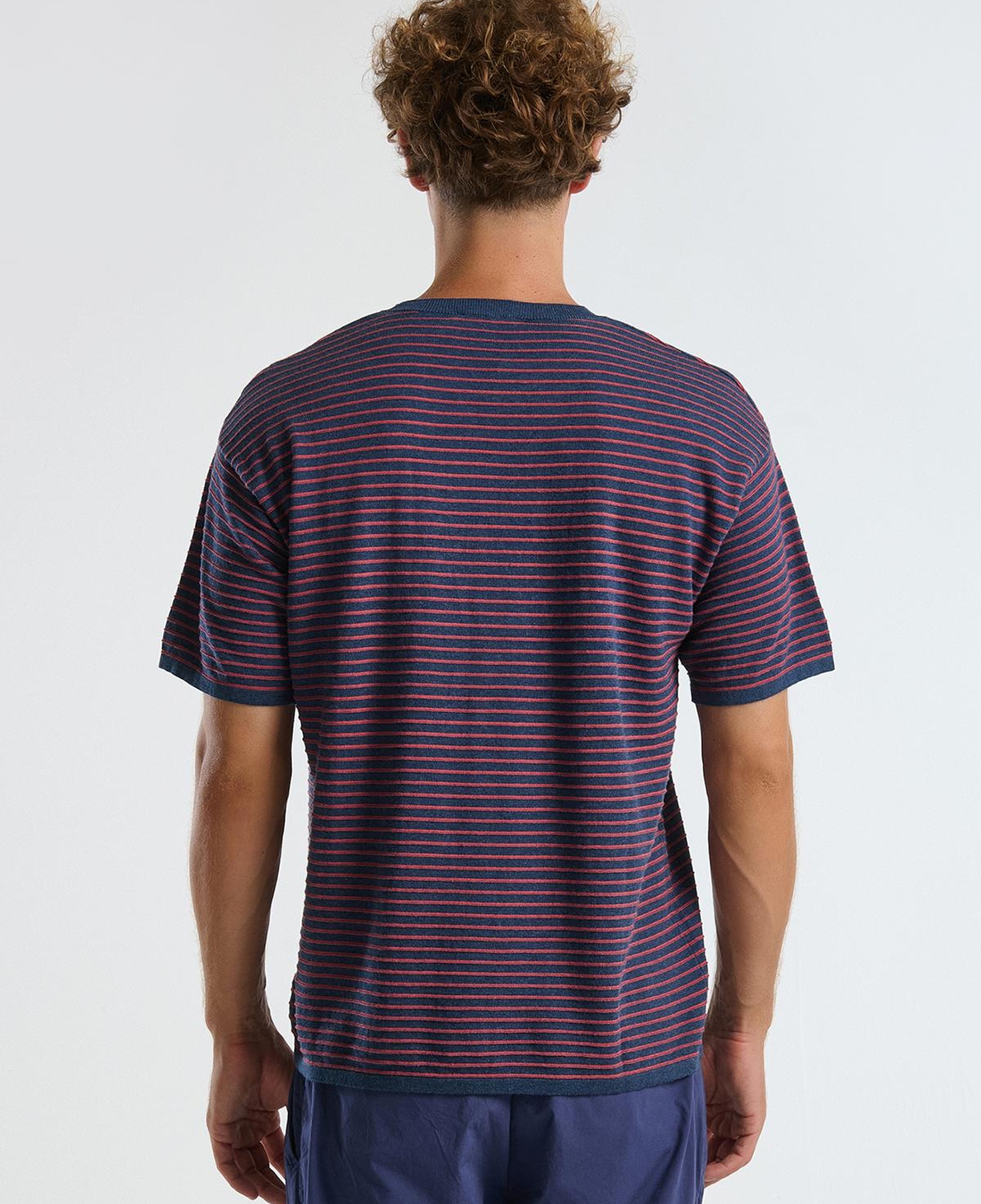 Erkek Lacivert Mix %100 Koton Kısa Kollu Çizgili Rahat Kesim T-Shirt