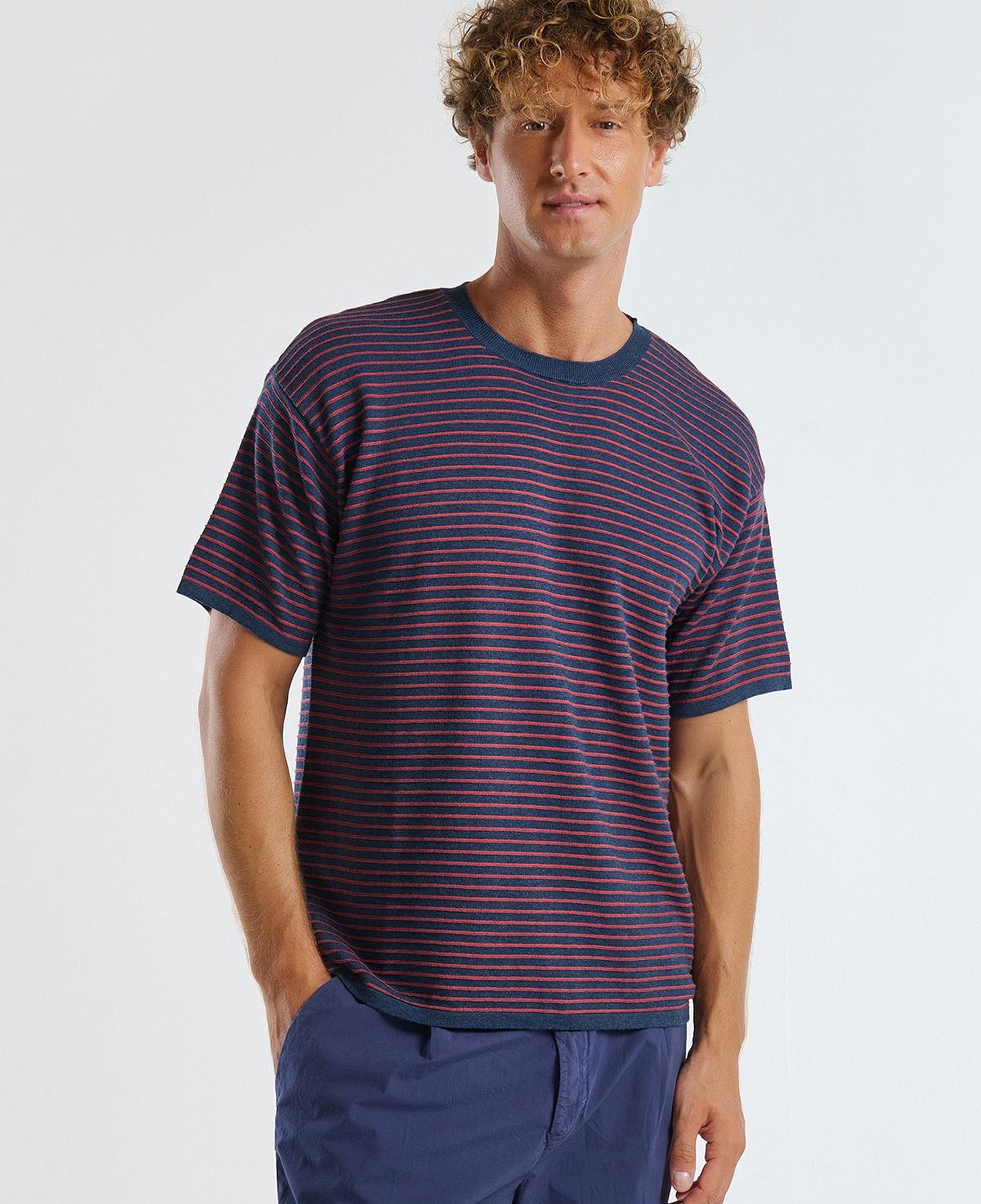Erkek Lacivert Mix %100 Koton Kısa Kollu Çizgili Rahat Kesim T-Shirt