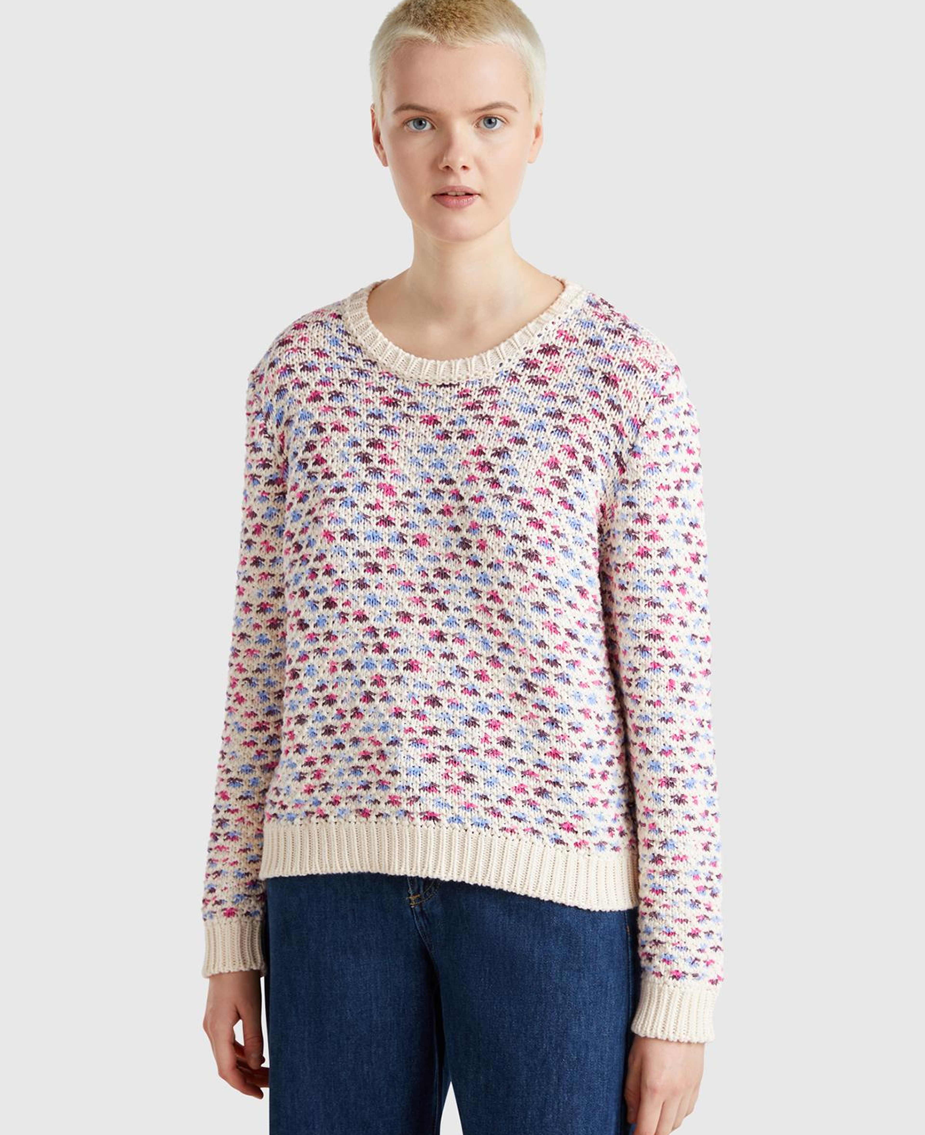 Kadın Pembe Mix Pamuk Karışımlı Jakarlı Nervür Detaylı Çift Taraflı Kazak