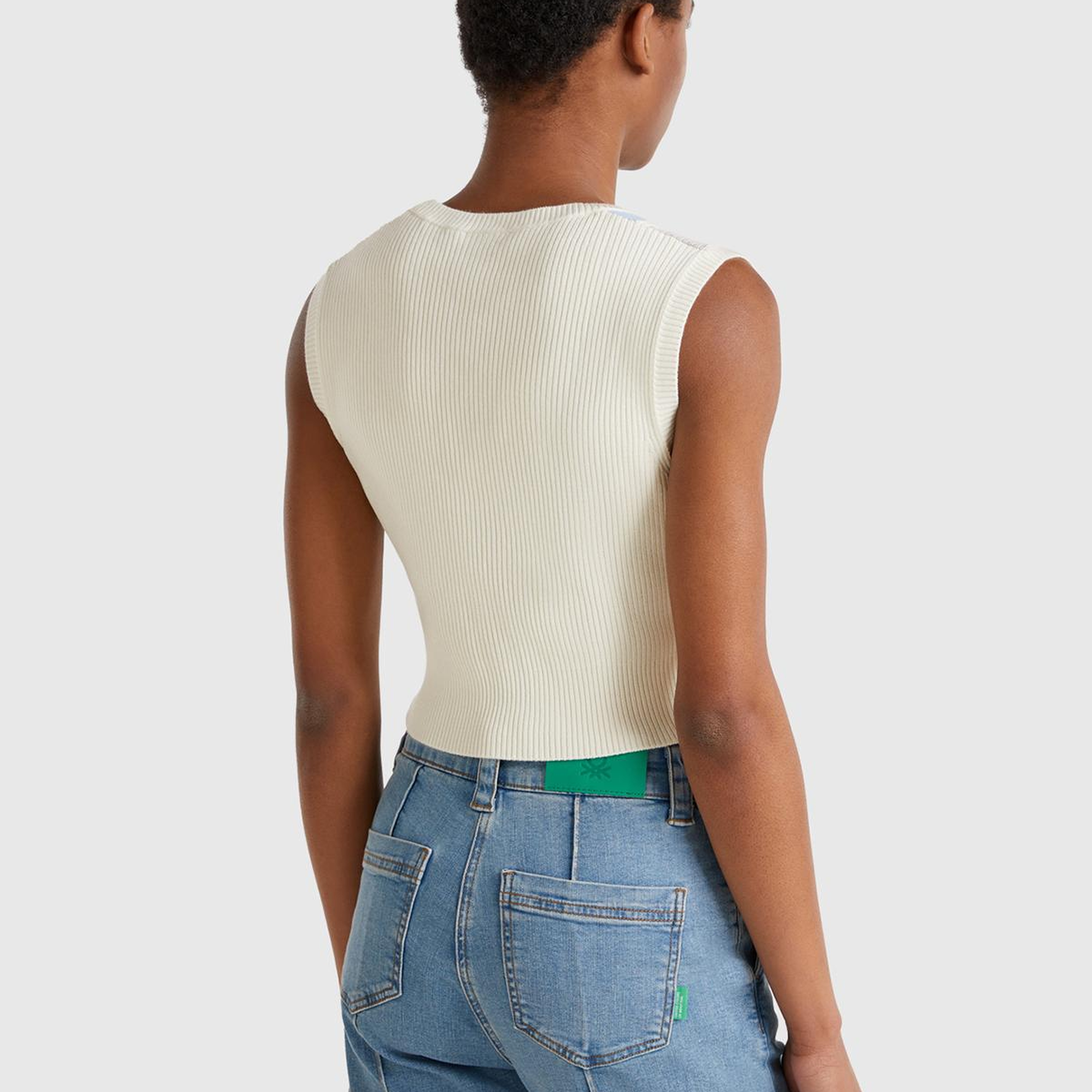 Kadın Krem Baklava Desenli Nervür Detaylı Ribanalı Crop Süveter