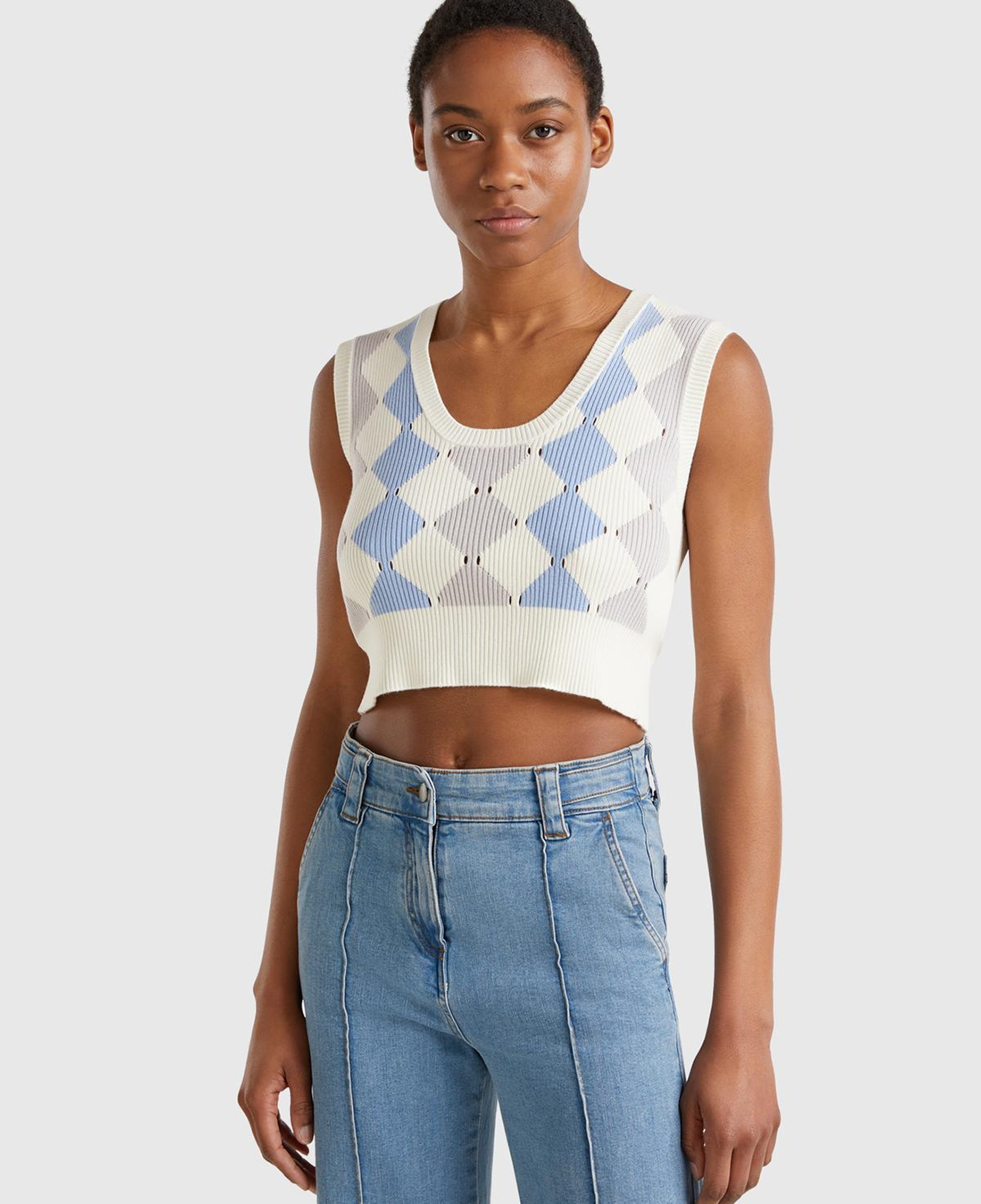 Kadın Krem Baklava Desenli Nervür Detaylı Ribanalı Crop Süveter