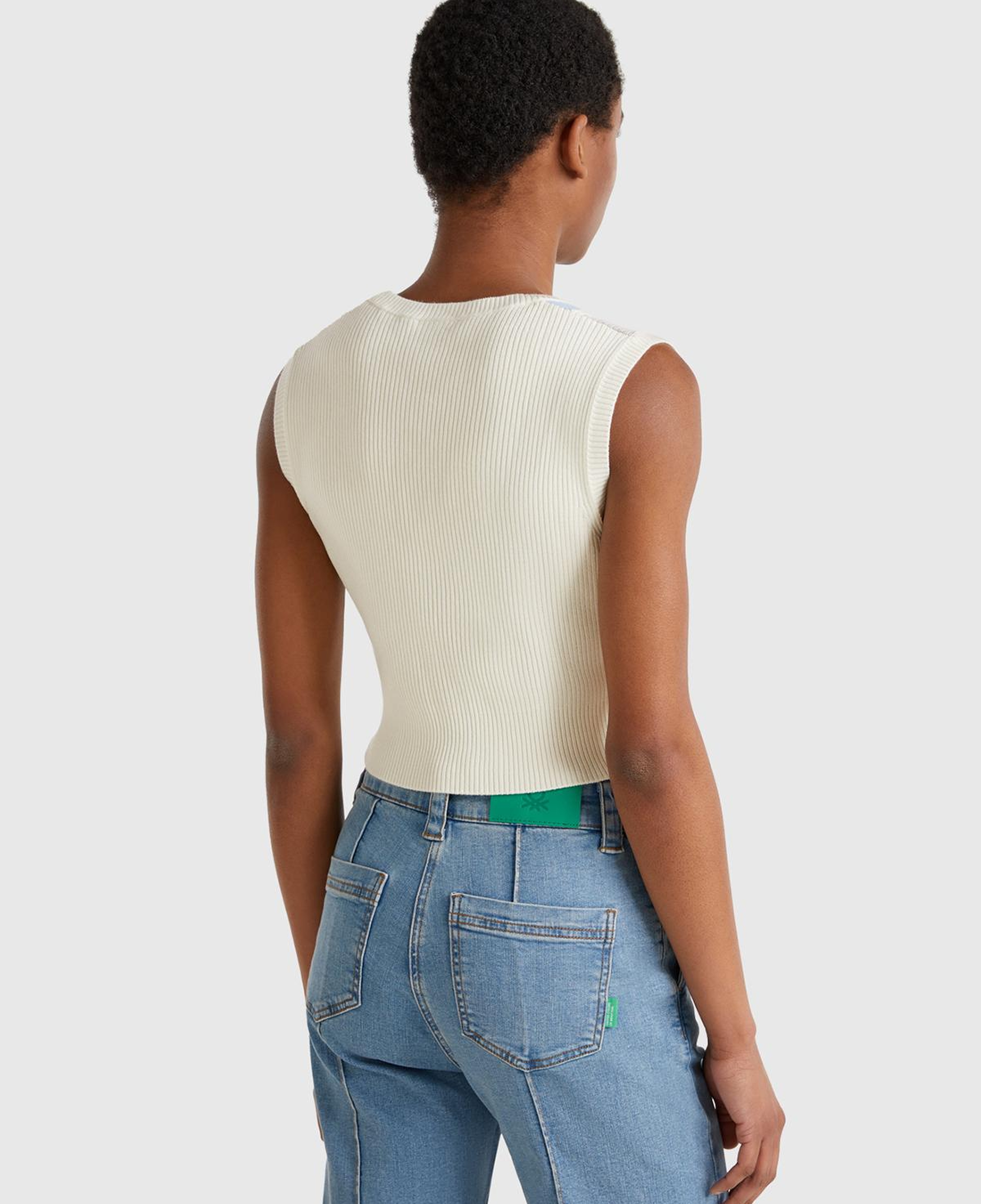 Kadın Krem Baklava Desenli Nervür Detaylı Ribanalı Crop Süveter