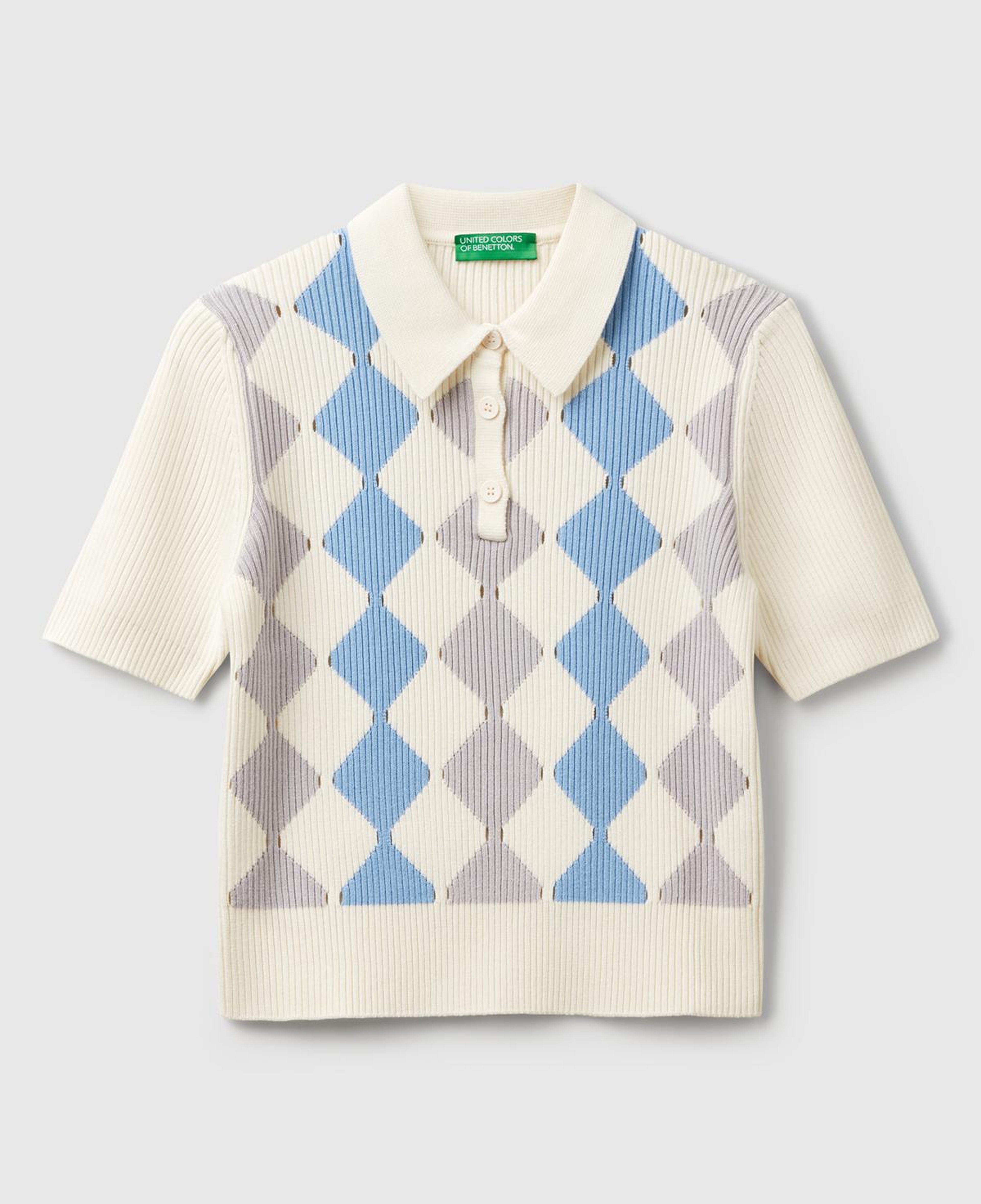 Kadın Krem Baklava Desenli Nervür Detaylı Polo Yaka Kısa Kollu Kazak