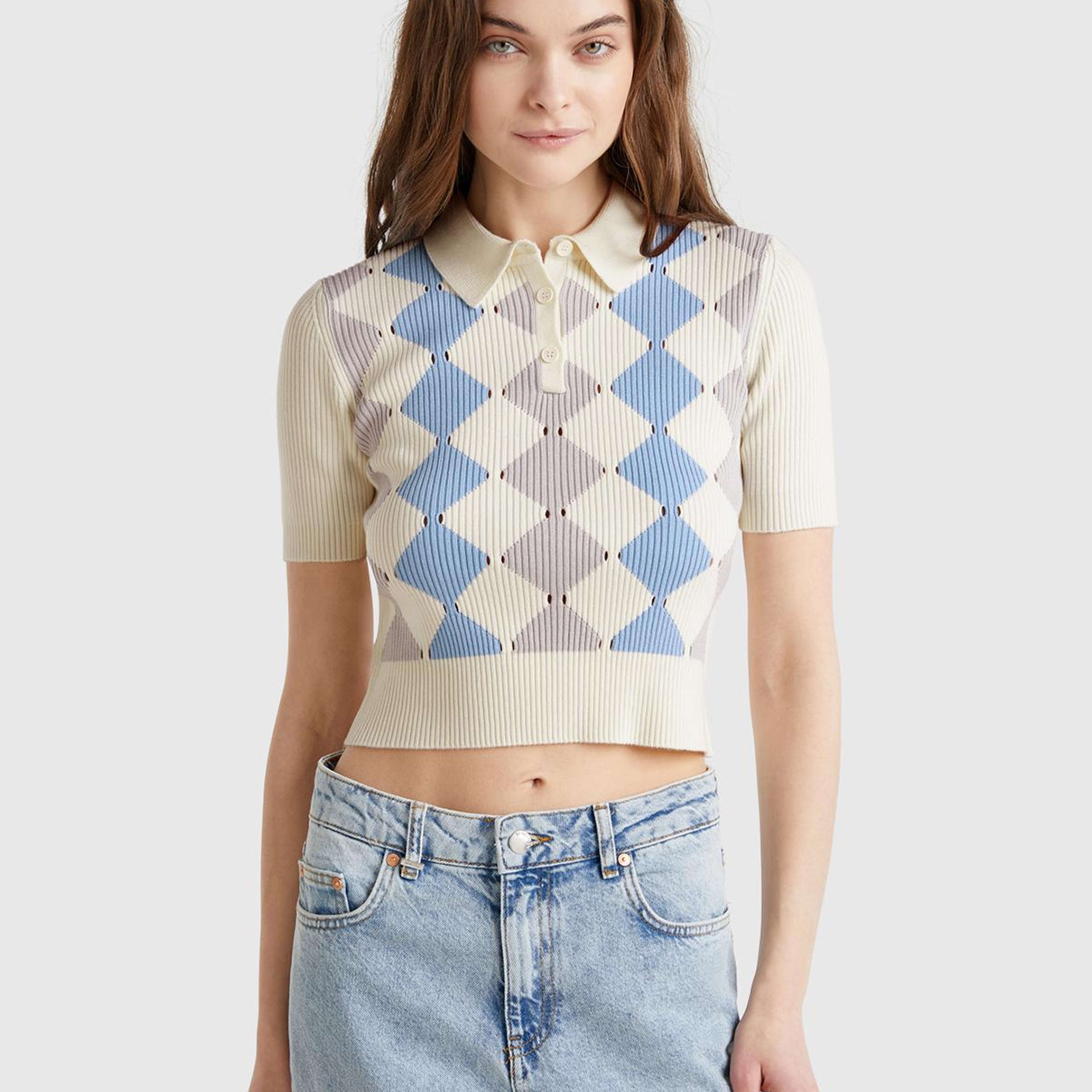 Kadın Krem Baklava Desenli Nervür Detaylı Polo Yaka Kısa Kollu Kazak