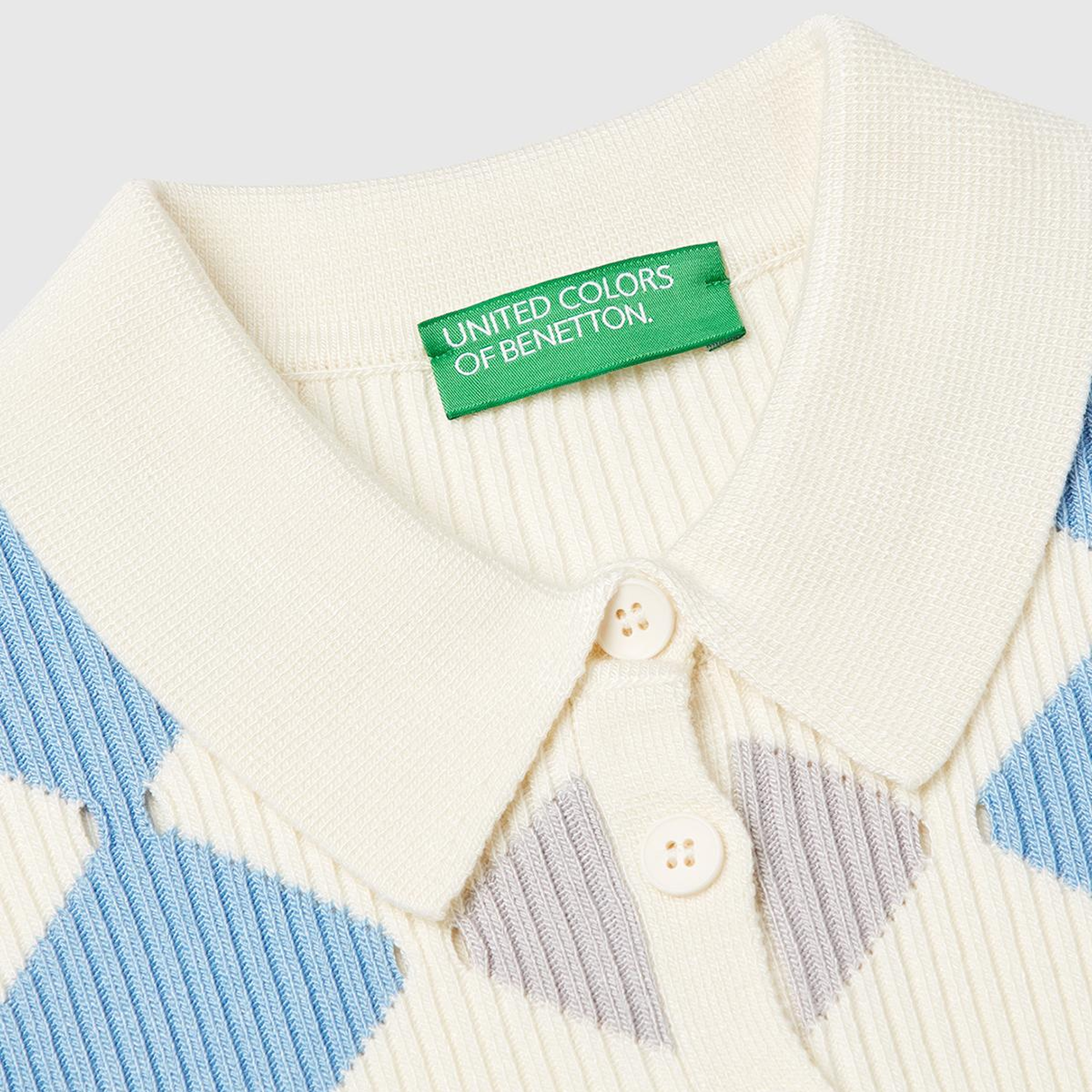 Kadın Krem Baklava Desenli Nervür Detaylı Polo Yaka Kısa Kollu Kazak