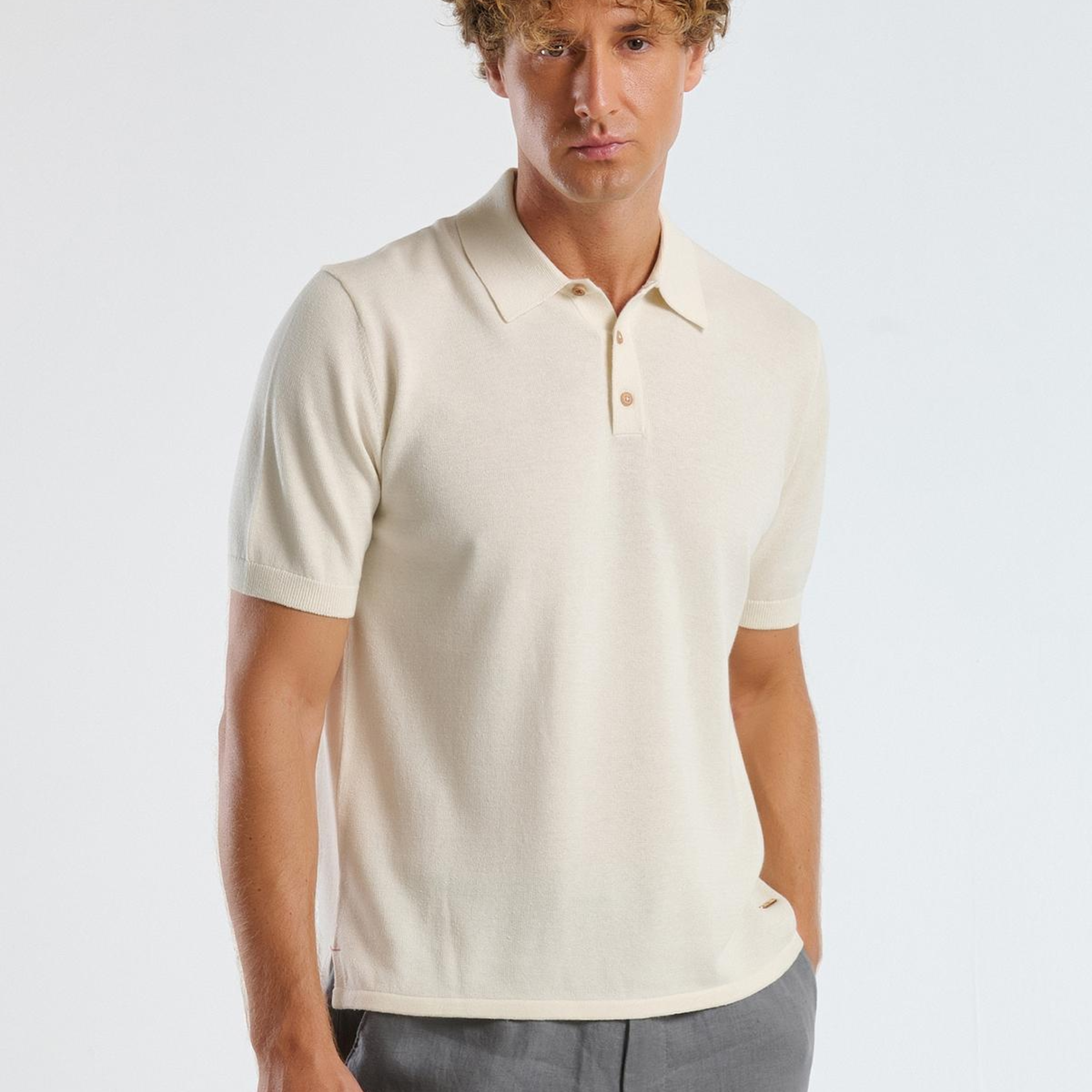 Erkek Krem Kenevir Karışımlı Regular Fit Triko Polo T-Shirt