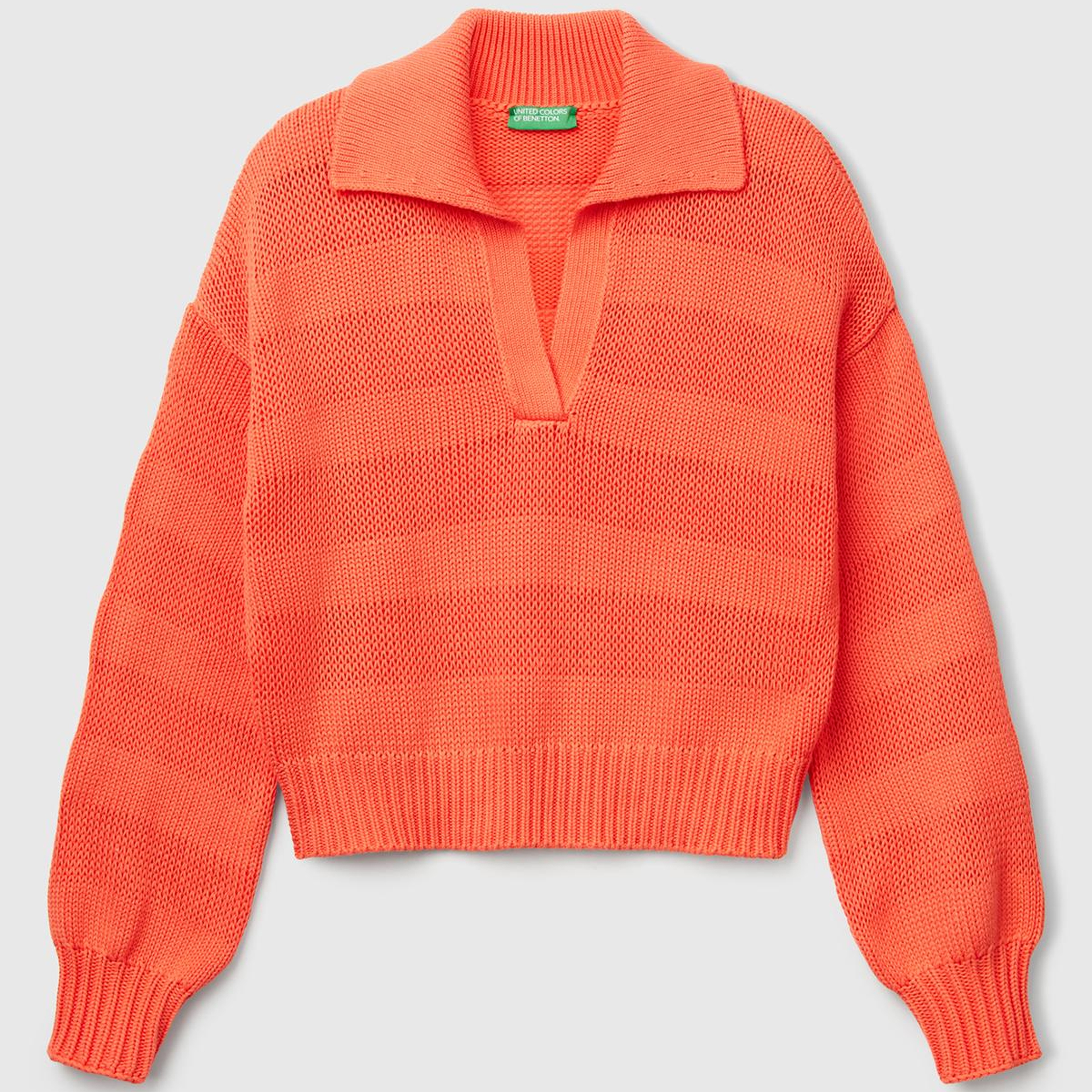 Kadın Turuncu %100 Pamuk Şerit Efektli Relax Fit Polo Yaka Kazak