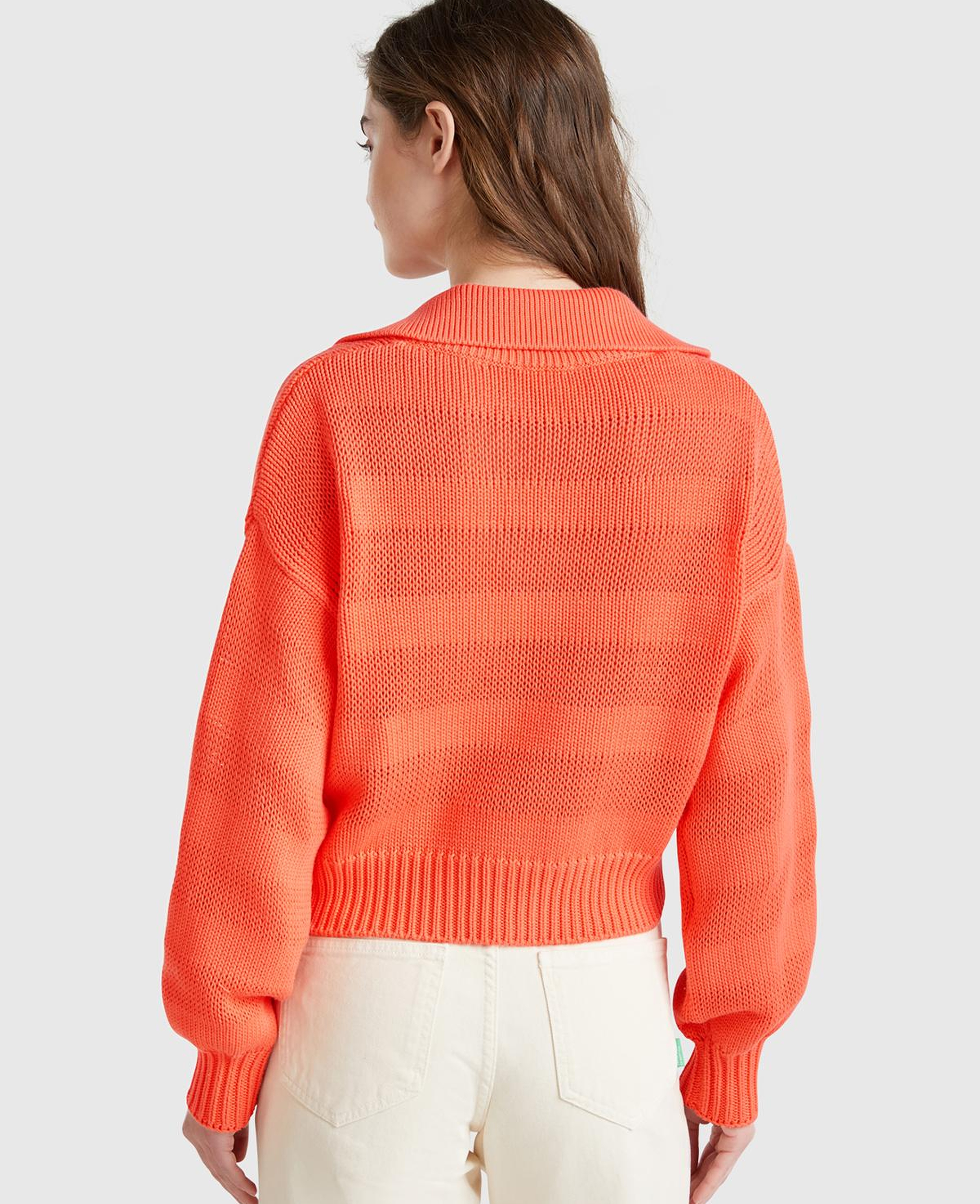 Kadın Turuncu %100 Pamuk Şerit Efektli Relax Fit Polo Yaka Kazak