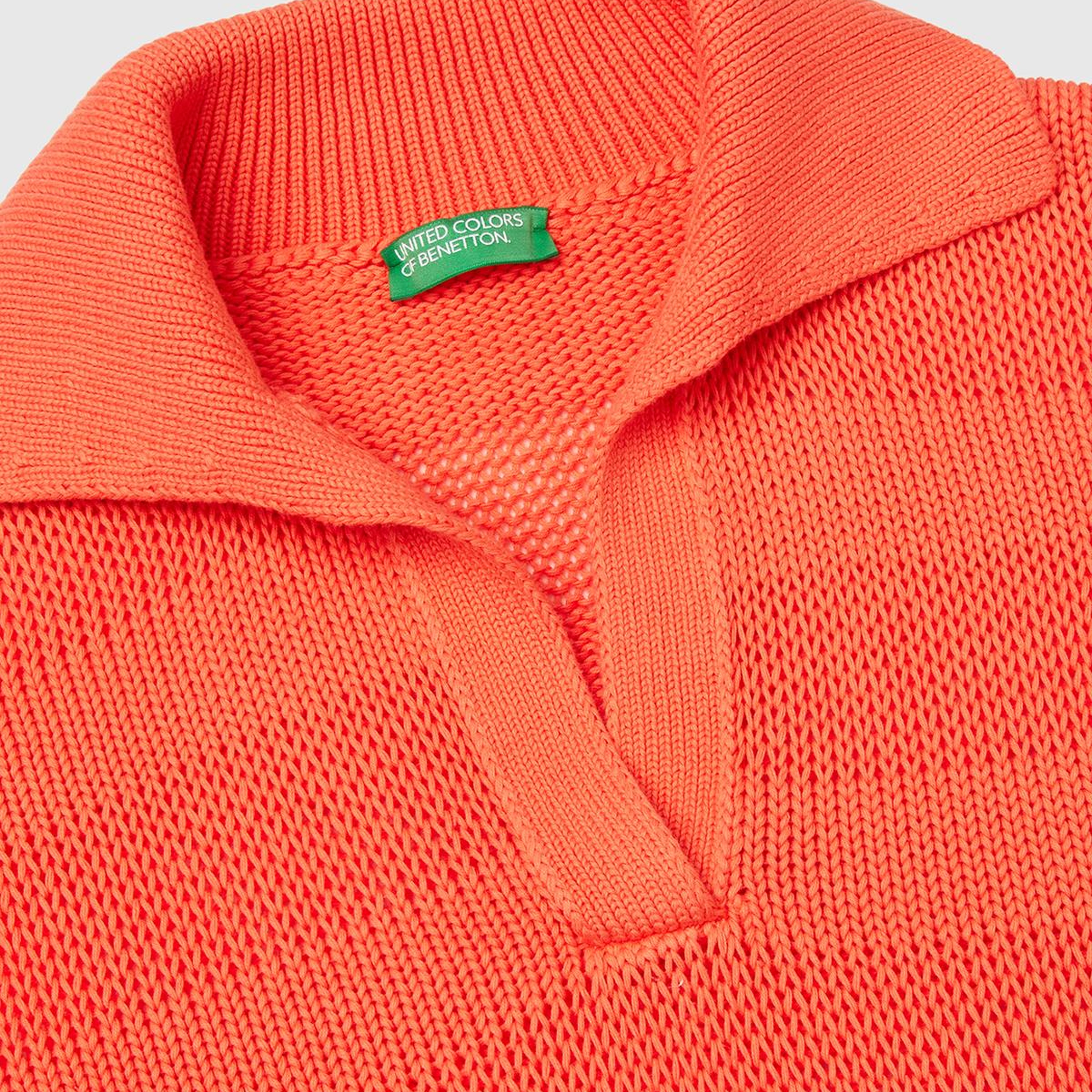 Kadın Turuncu %100 Pamuk Şerit Efektli Relax Fit Polo Yaka Kazak