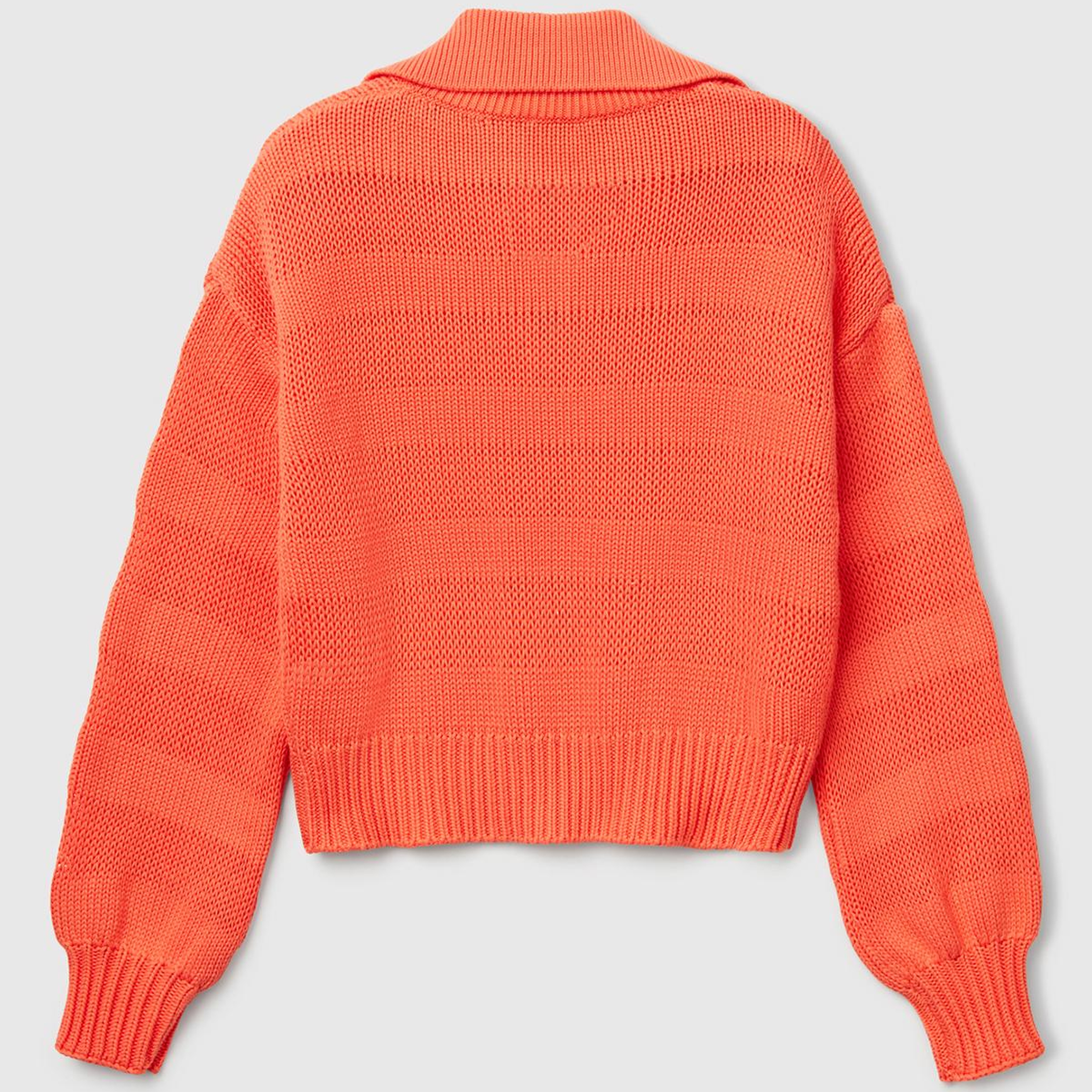 Kadın Turuncu %100 Pamuk Şerit Efektli Relax Fit Polo Yaka Kazak