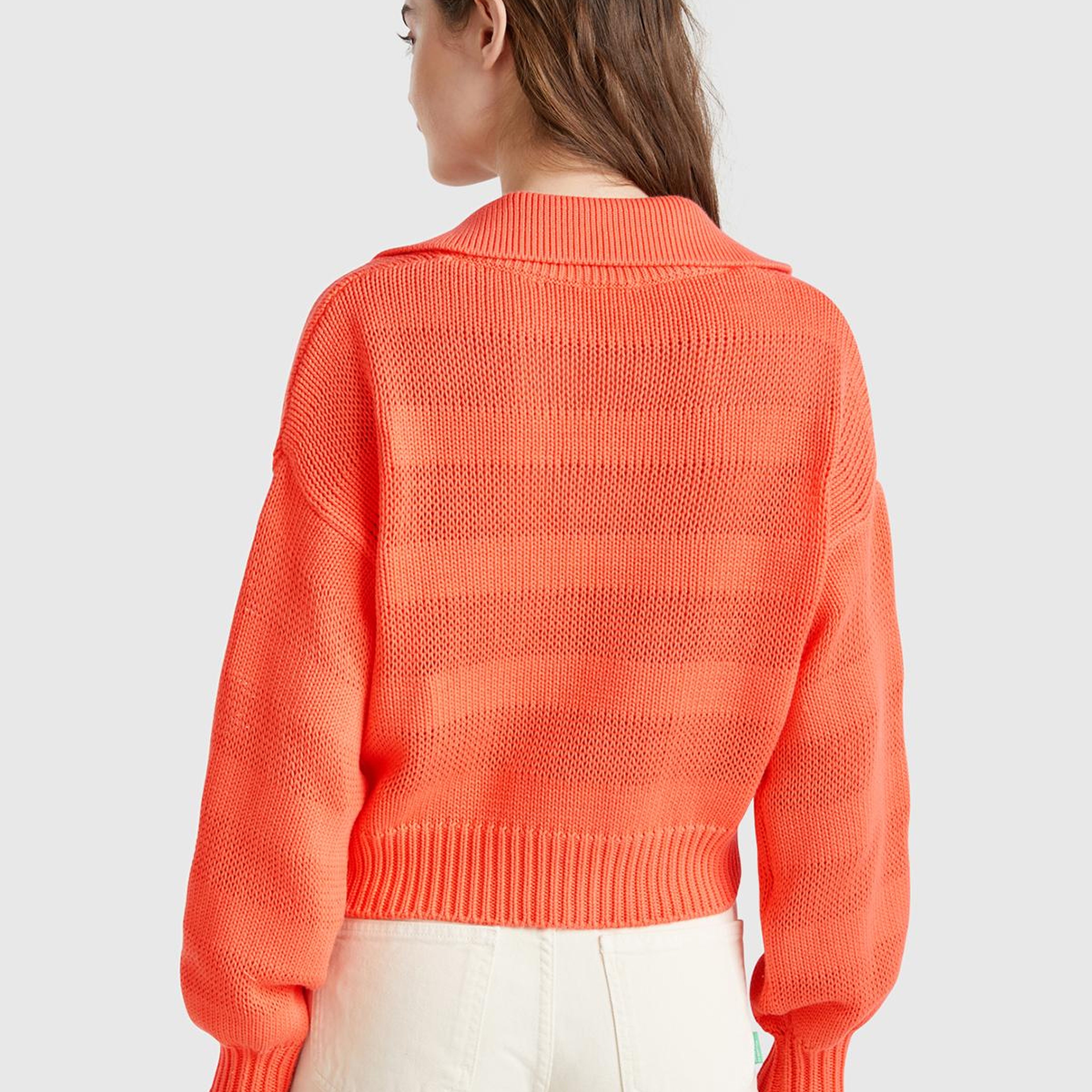 Kadın Turuncu %100 Pamuk Şerit Efektli Relax Fit Polo Yaka Kazak