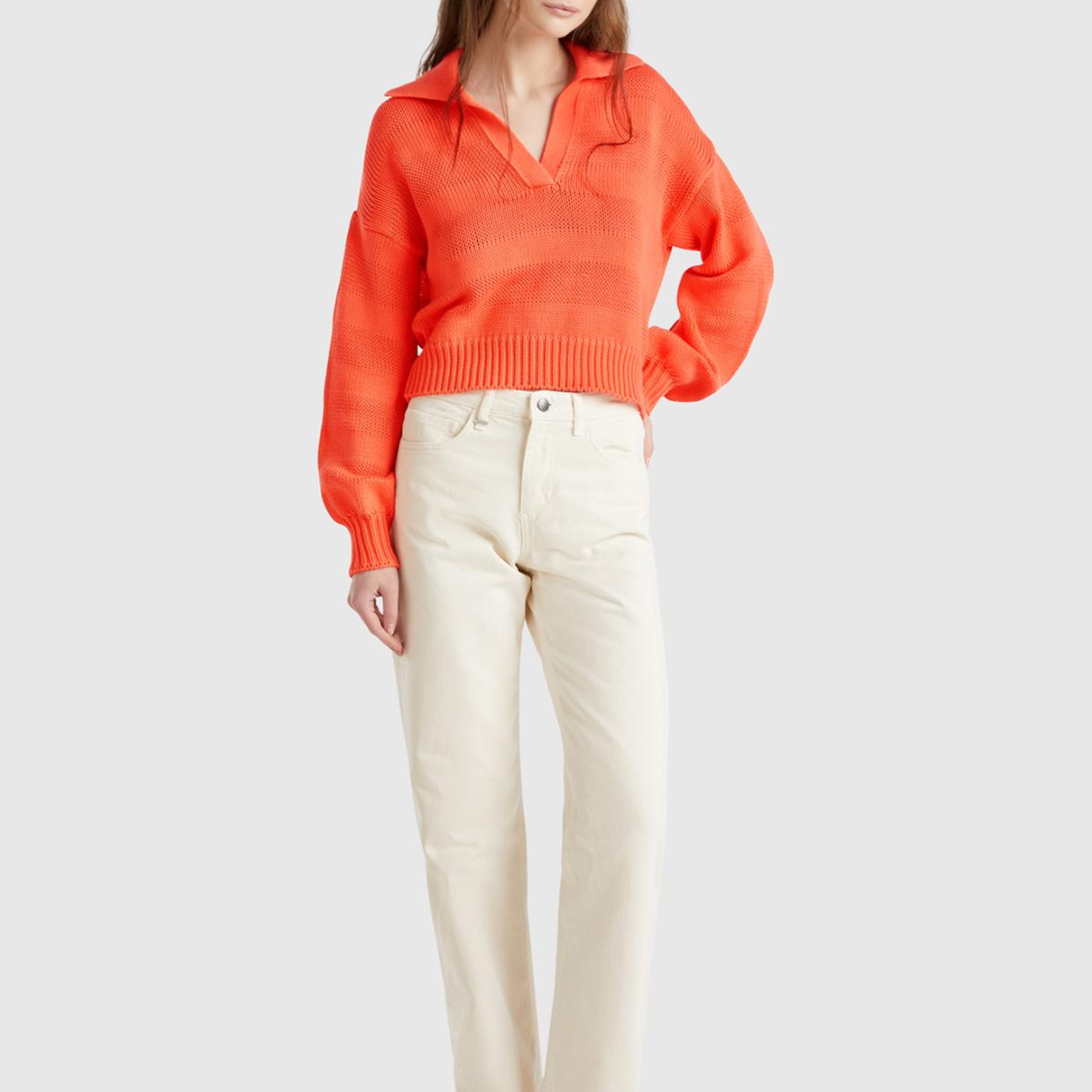 Kadın Turuncu %100 Pamuk Şerit Efektli Relax Fit Polo Yaka Kazak