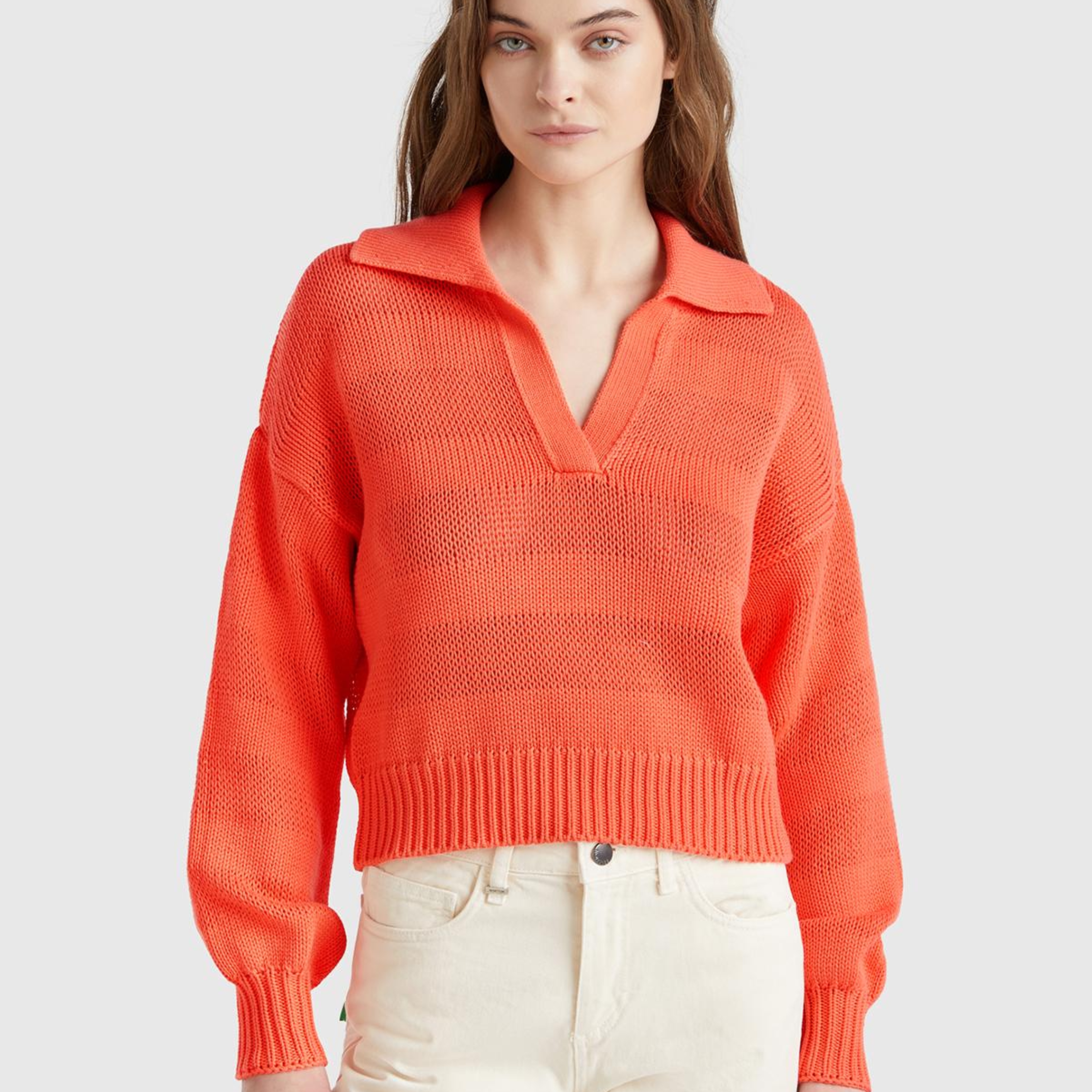 Kadın Turuncu %100 Pamuk Şerit Efektli Relax Fit Polo Yaka Kazak