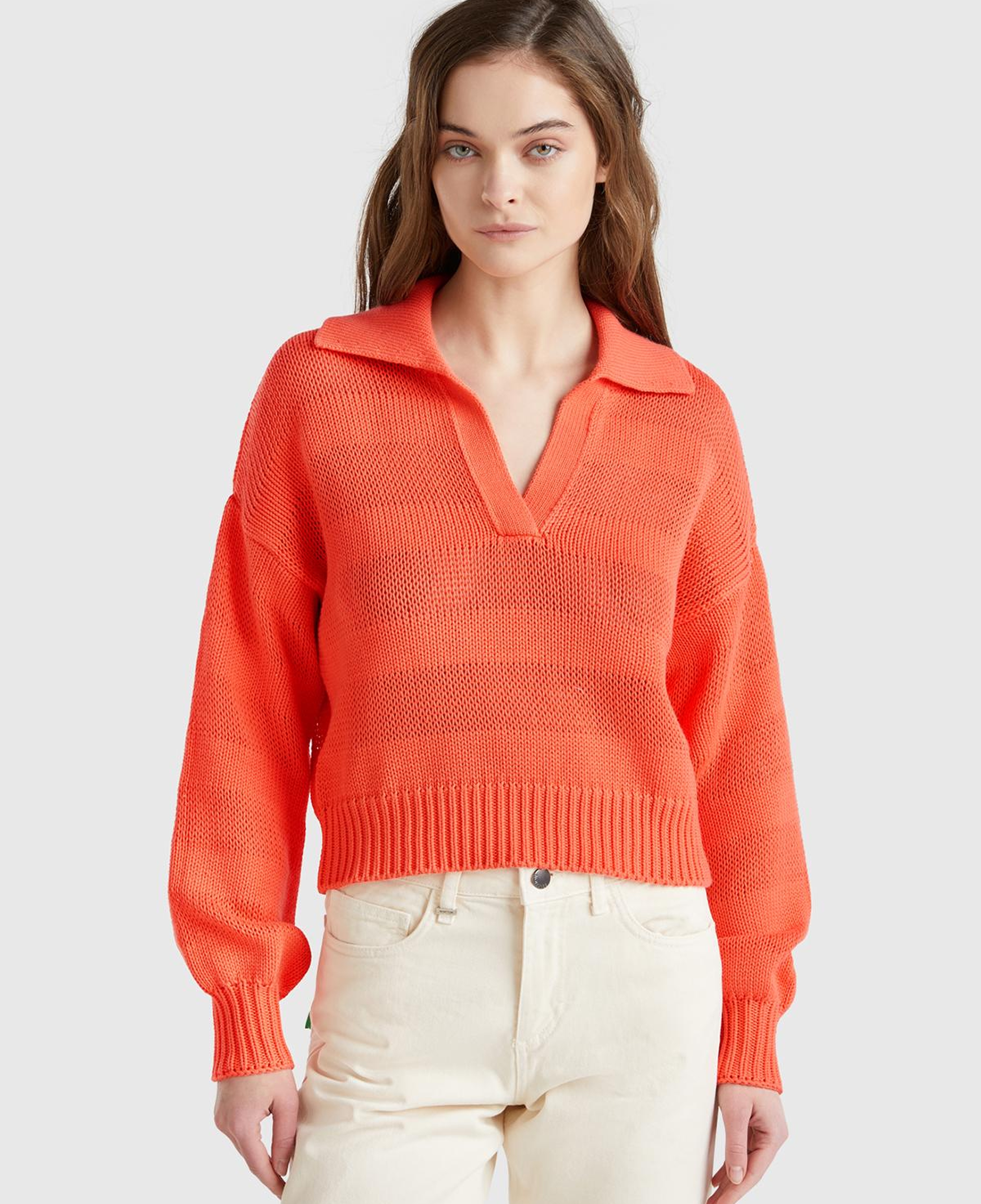 Kadın Turuncu %100 Pamuk Şerit Efektli Relax Fit Polo Yaka Kazak