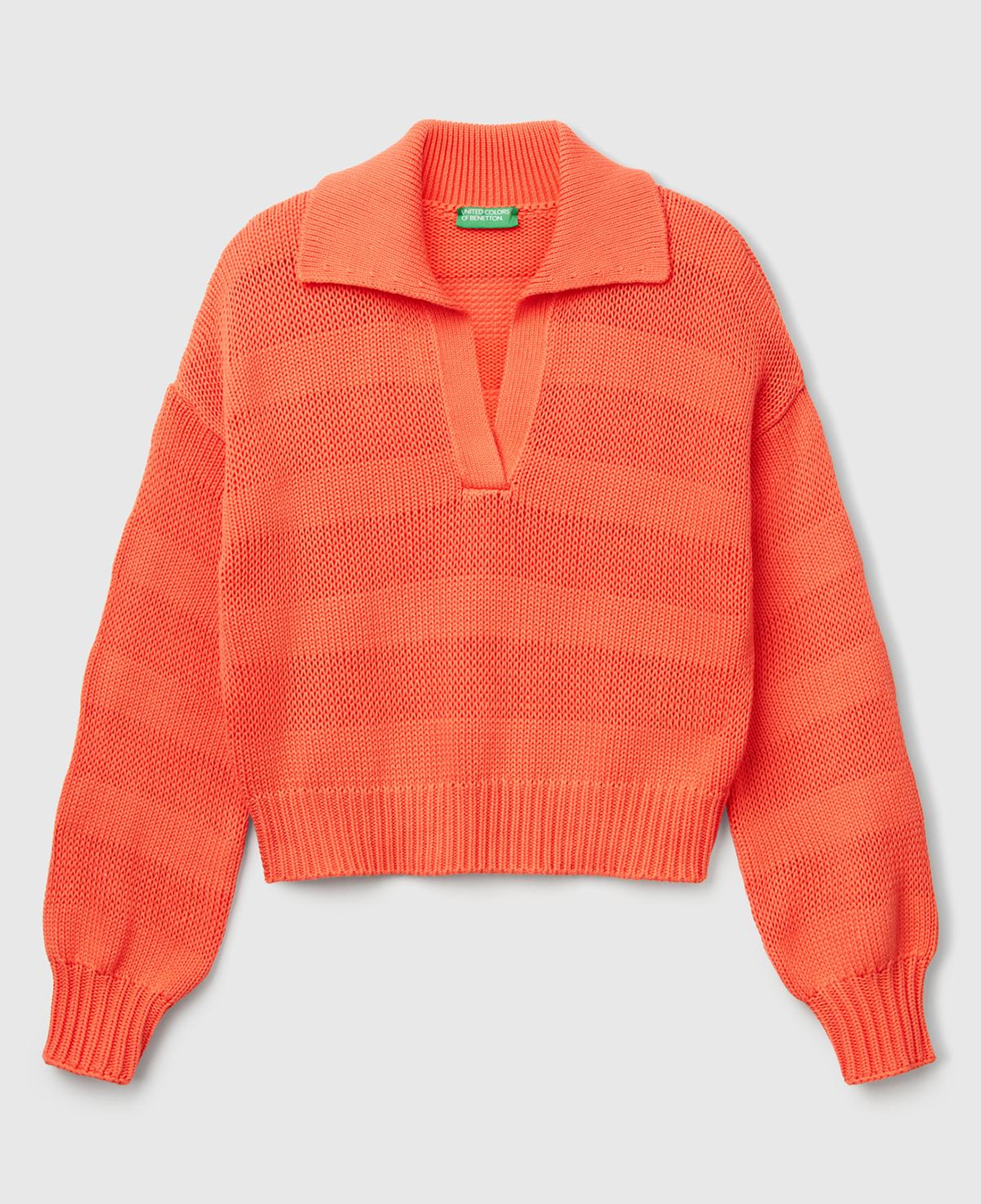 Kadın Turuncu %100 Pamuk Şerit Efektli Relax Fit Polo Yaka Kazak