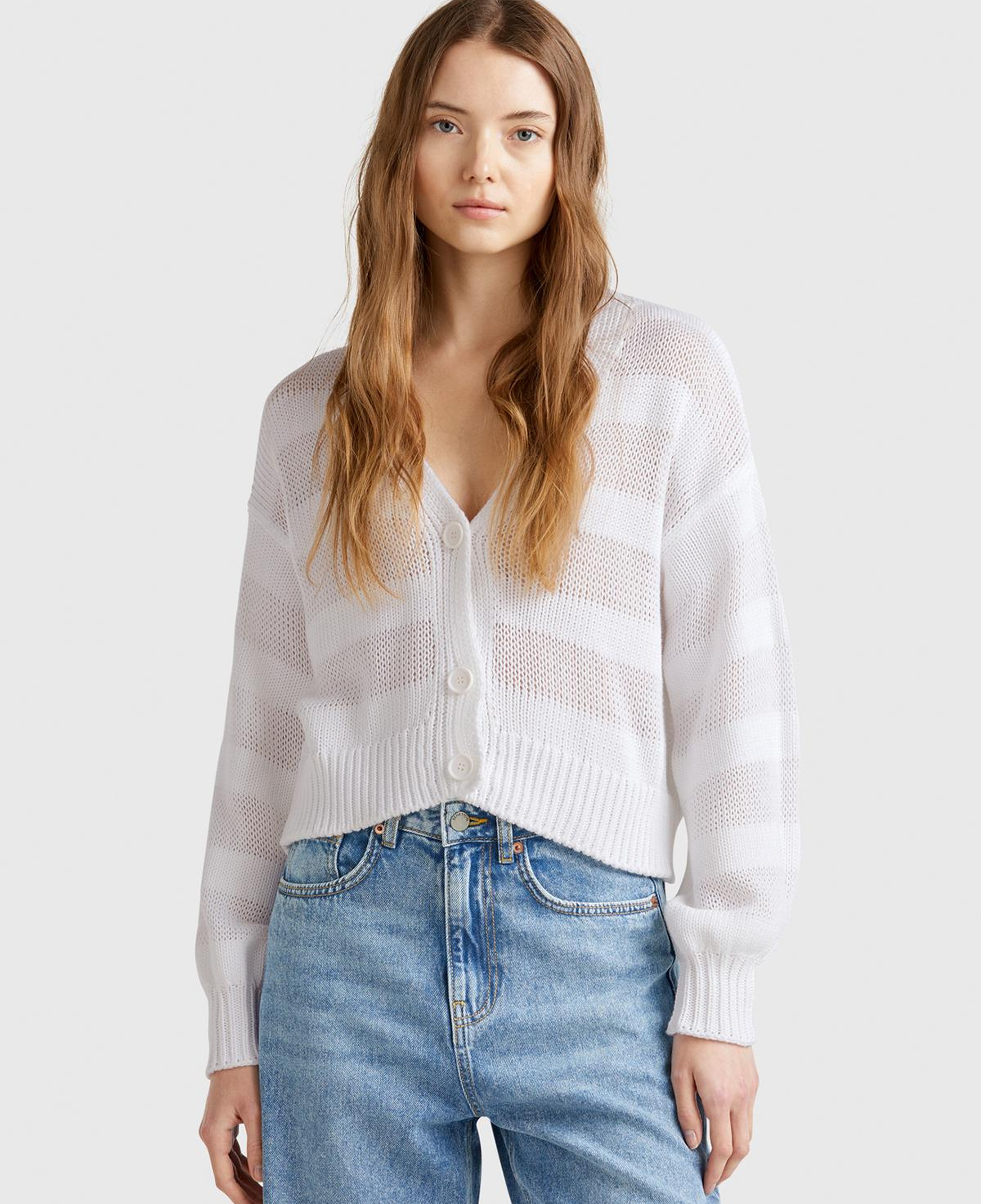 Kadın Beyaz %100 Pamuk Şerit Efektli Düşük Omuzlu Örme Relax Fit Hırka