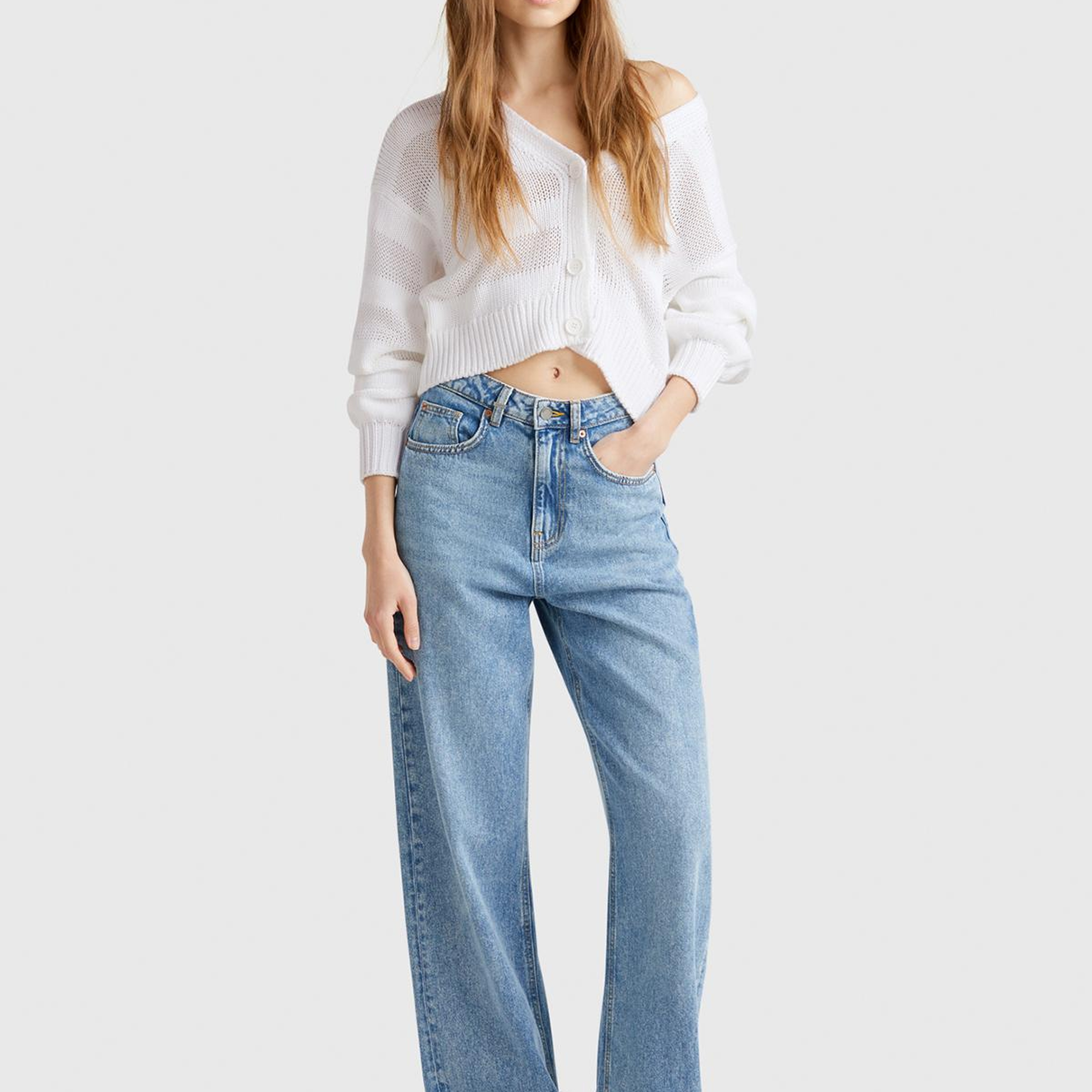 Kadın Beyaz %100 Pamuk Şerit Efektli Düşük Omuzlu Örme Relax Fit Hırka