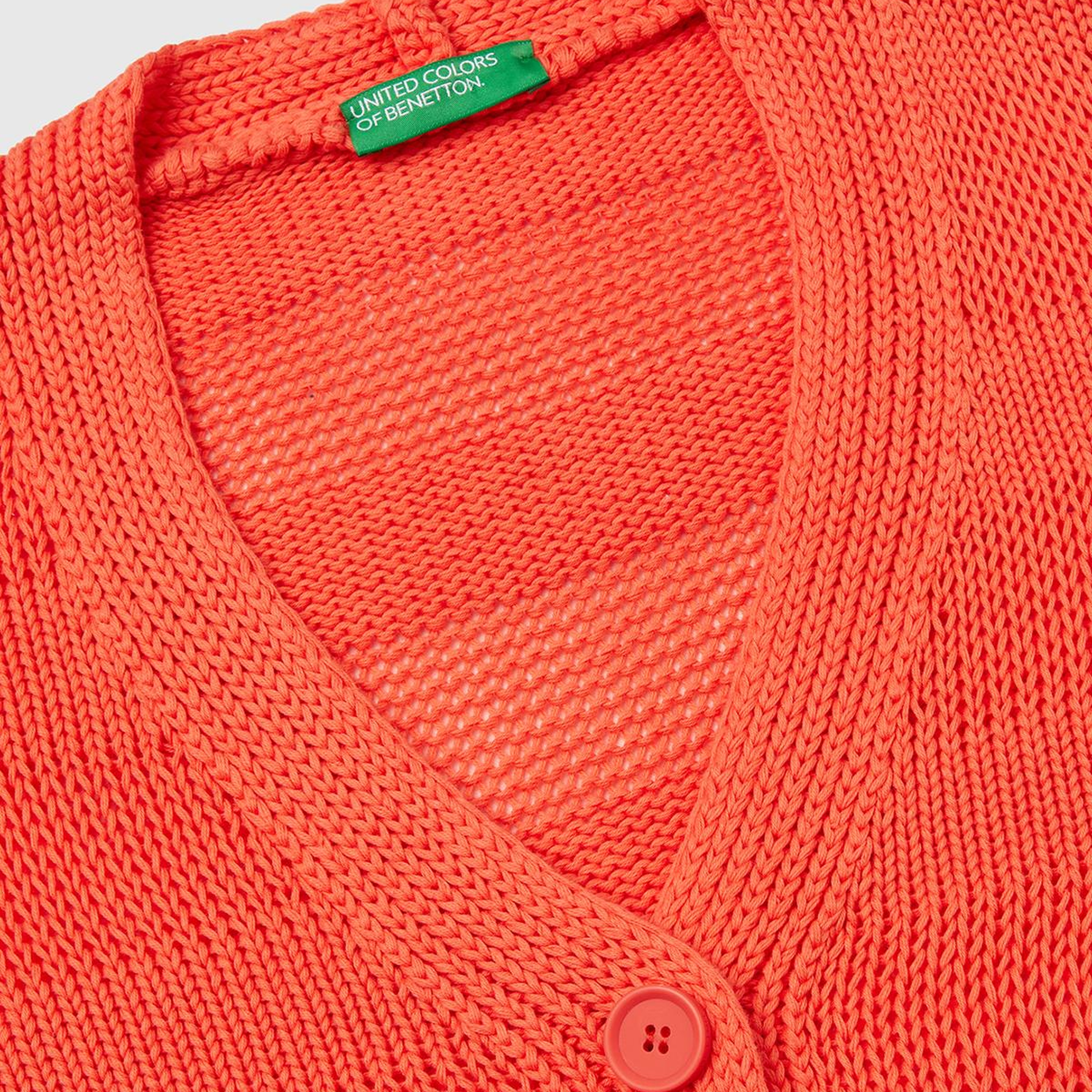 Kadın Turuncu %100 Pamuk Şerit Efektli Düşük Omuzlu Örme Relax Fit Hırka