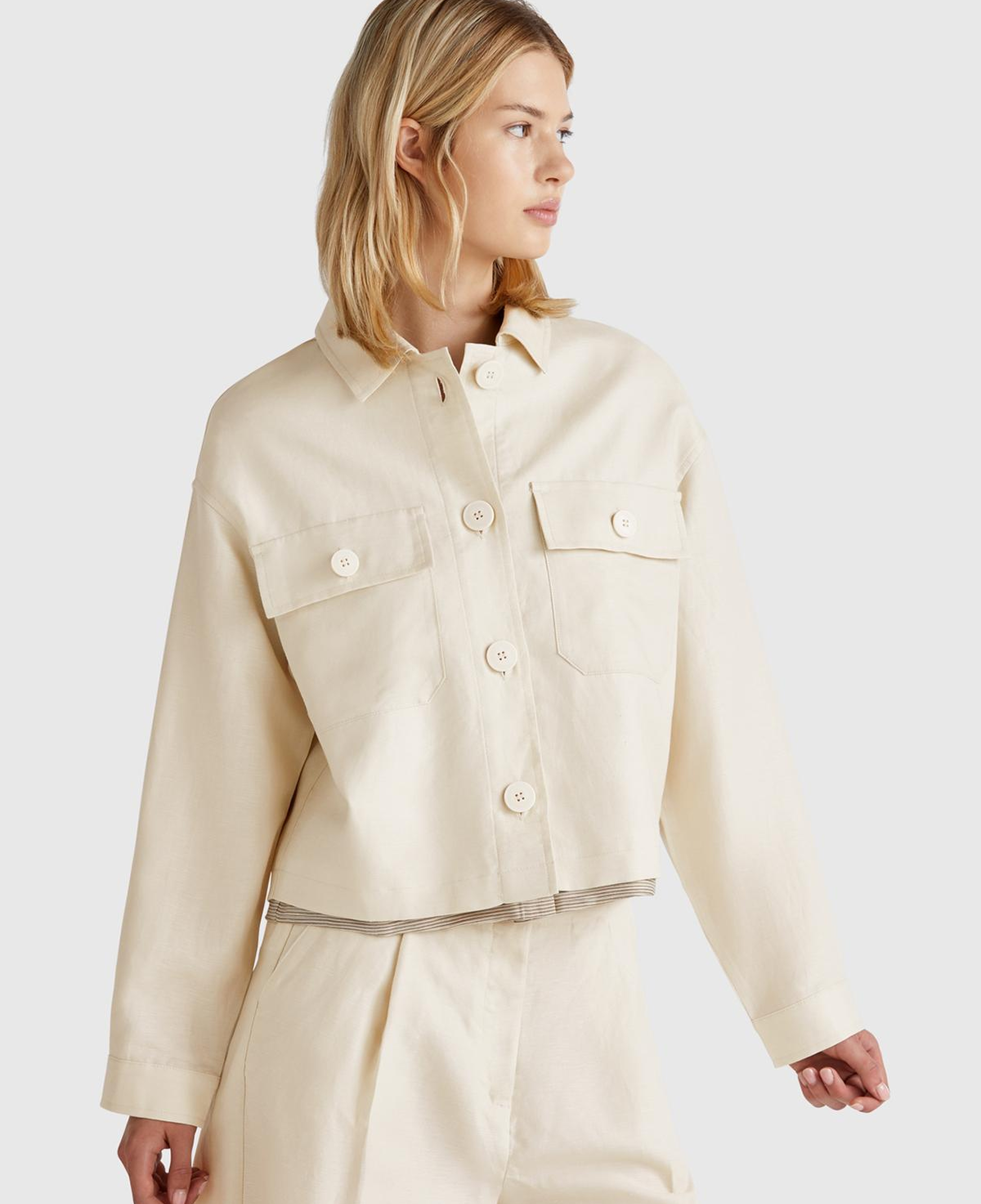 Kadın Taş Rengi Keten Karışımlı Ceket