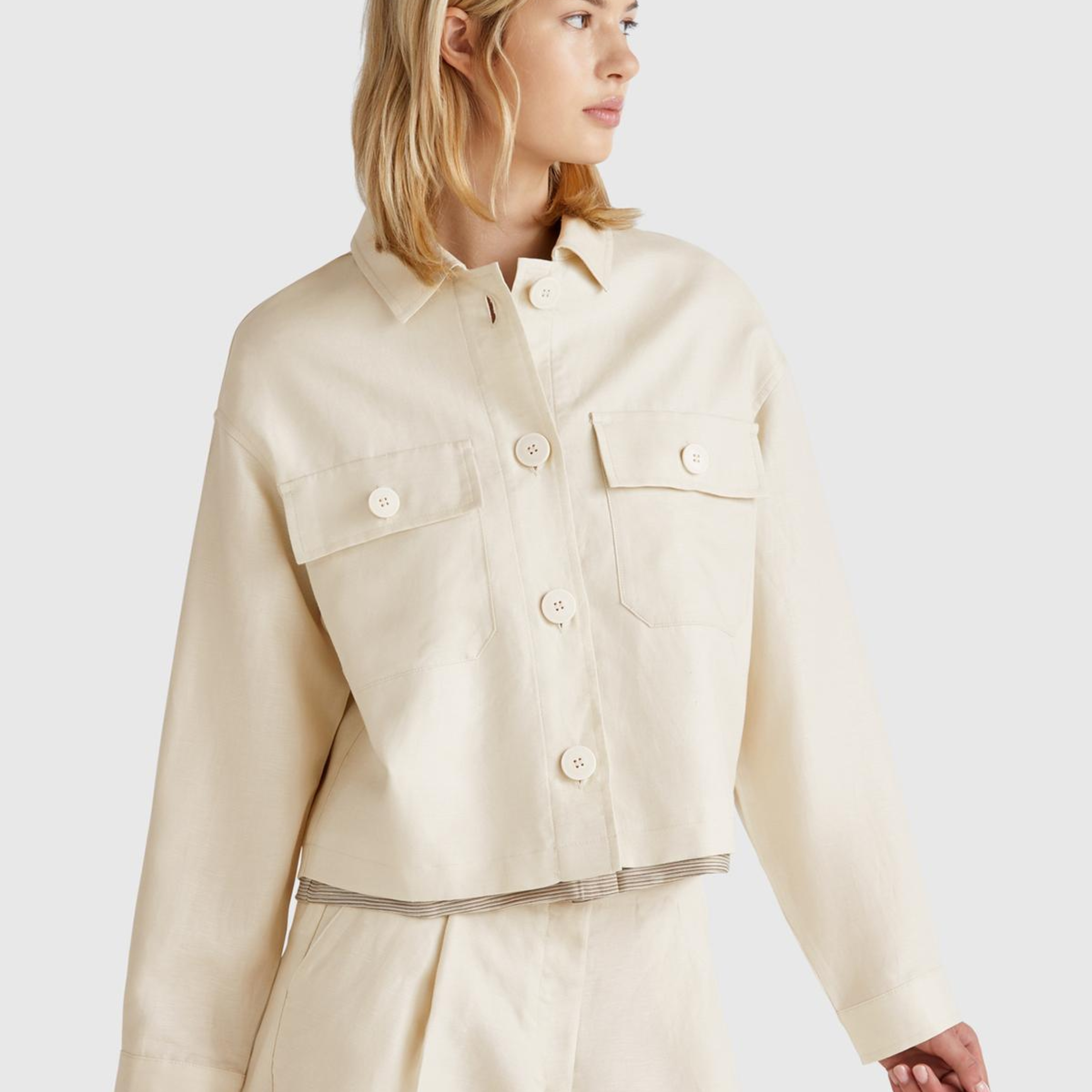 Kadın Taş Rengi Keten Karışımlı Ceket