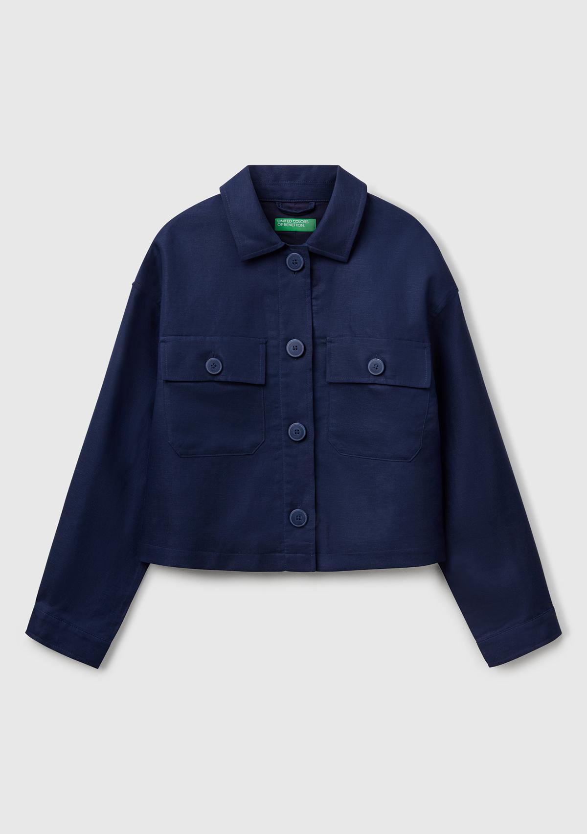 Kadın Lacivert Keten Karışımlı Ceket