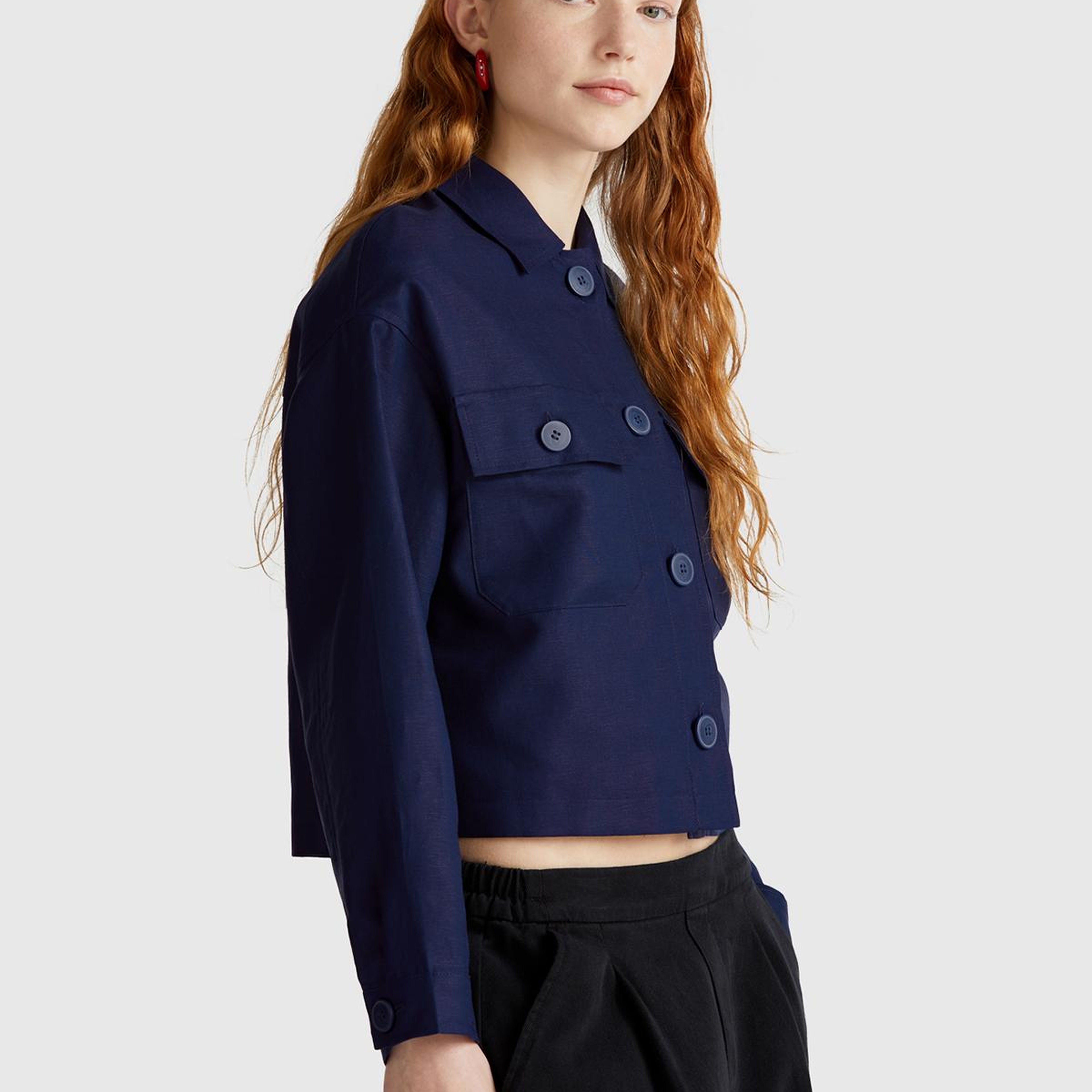 Kadın Lacivert Keten Karışımlı Ceket