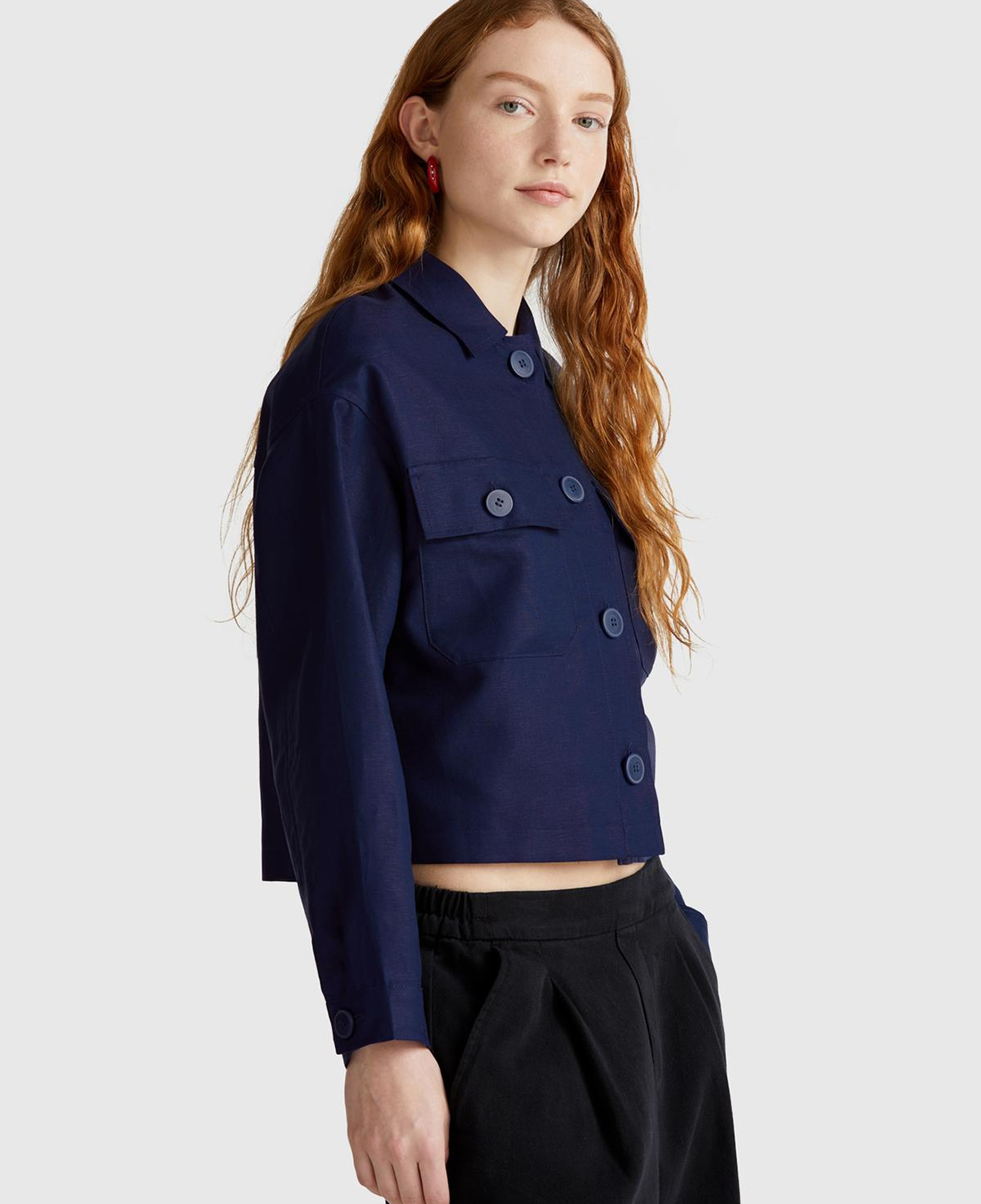 Kadın Lacivert Keten Karışımlı Ceket