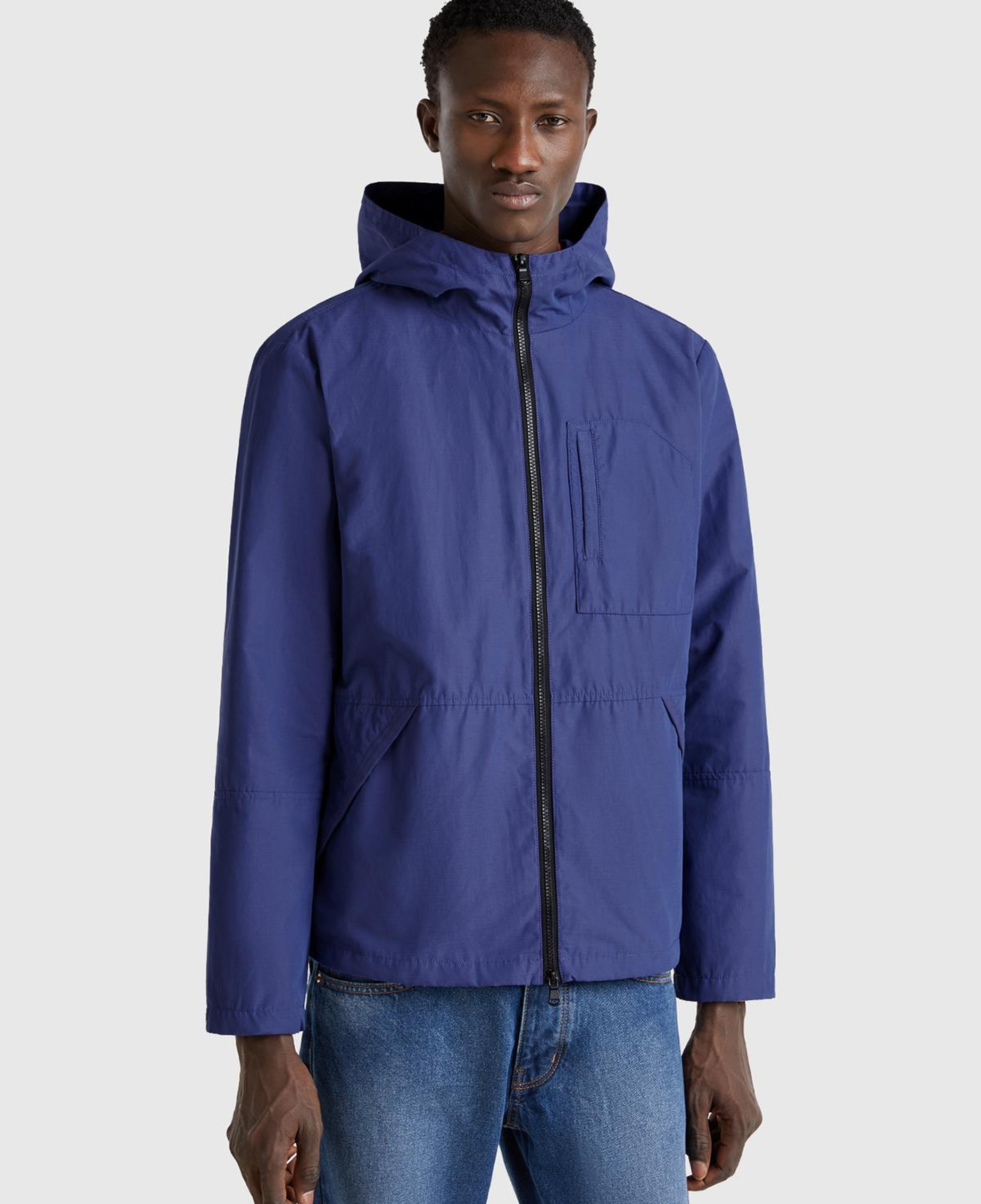 Erkek Lavanta Mavisi Pamuk Karışımlı Önü Yama Cepli Fermuarlı Kapüşonlu Ceket