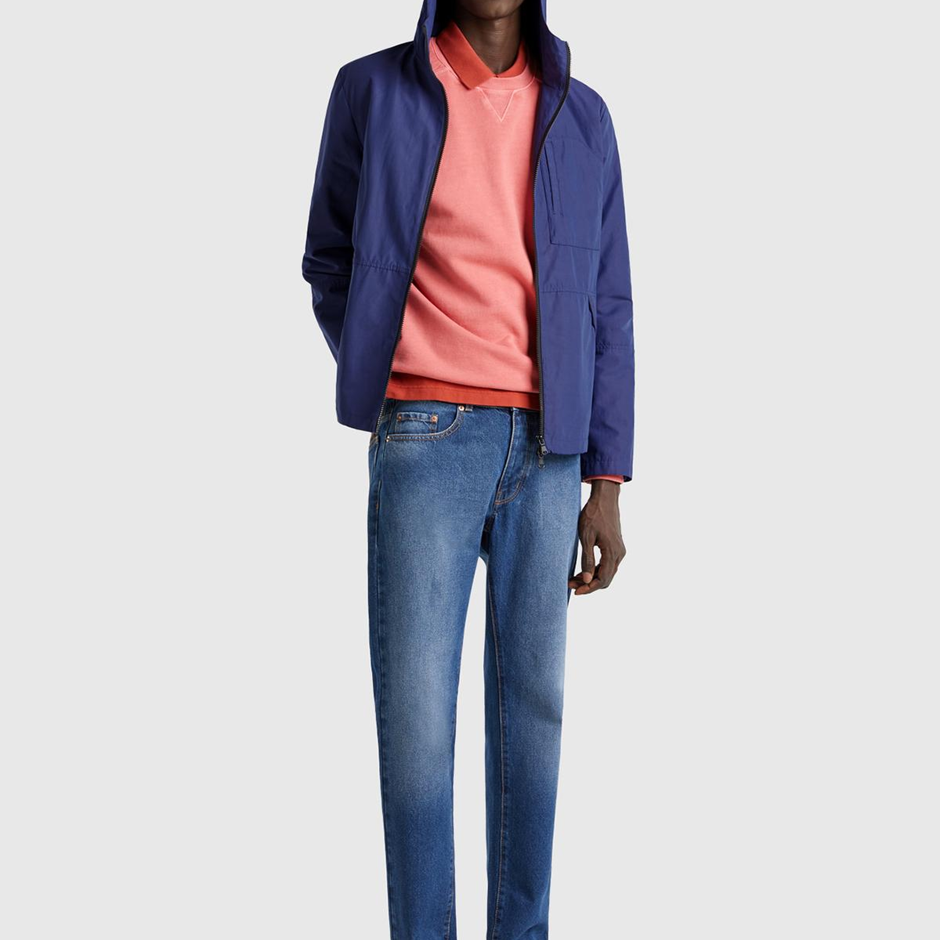 Erkek Lavanta Mavisi Pamuk Karışımlı Önü Yama Cepli Fermuarlı Kapüşonlu Ceket