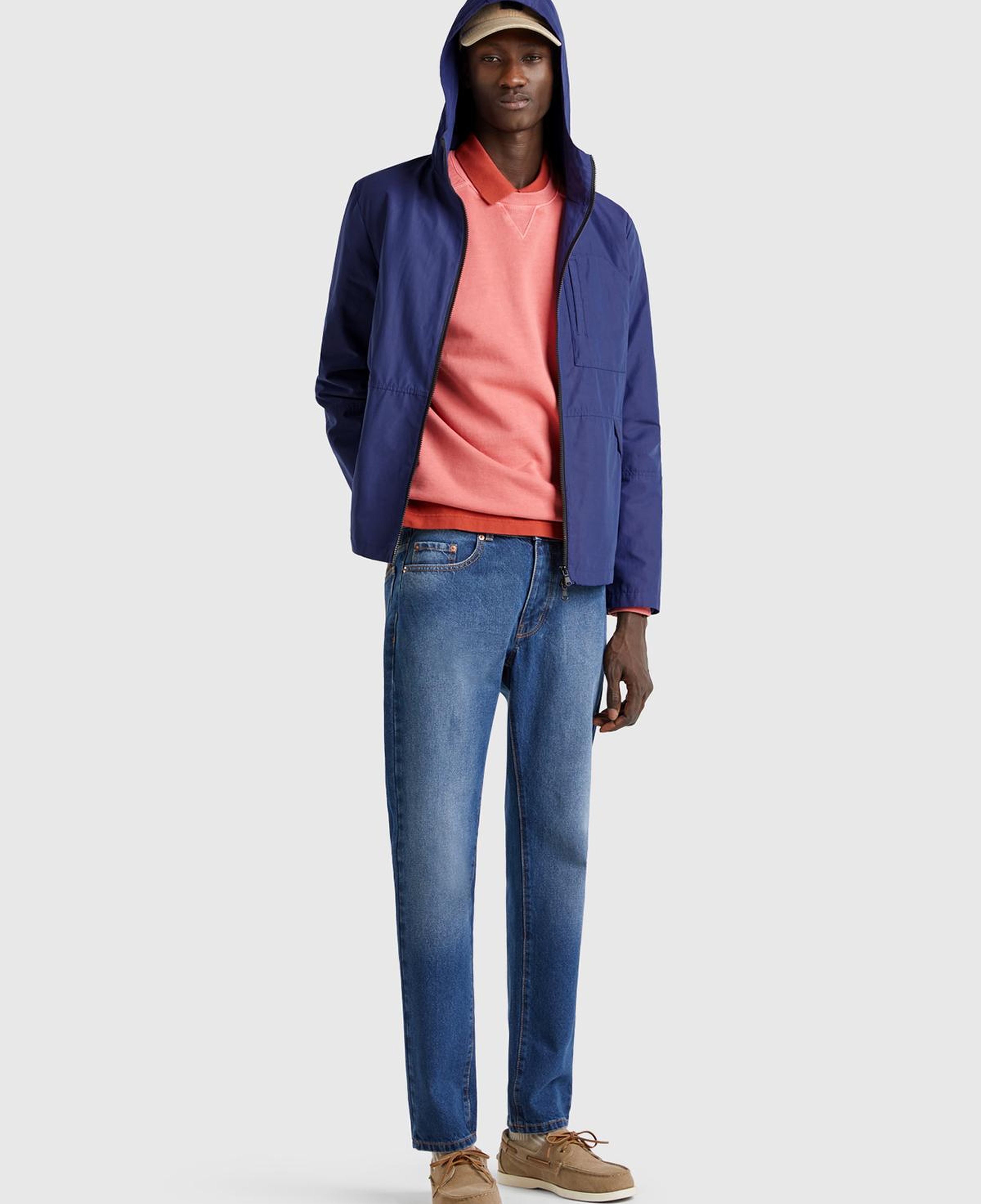 Erkek Lavanta Mavisi Pamuk Karışımlı Önü Yama Cepli Fermuarlı Kapüşonlu Ceket