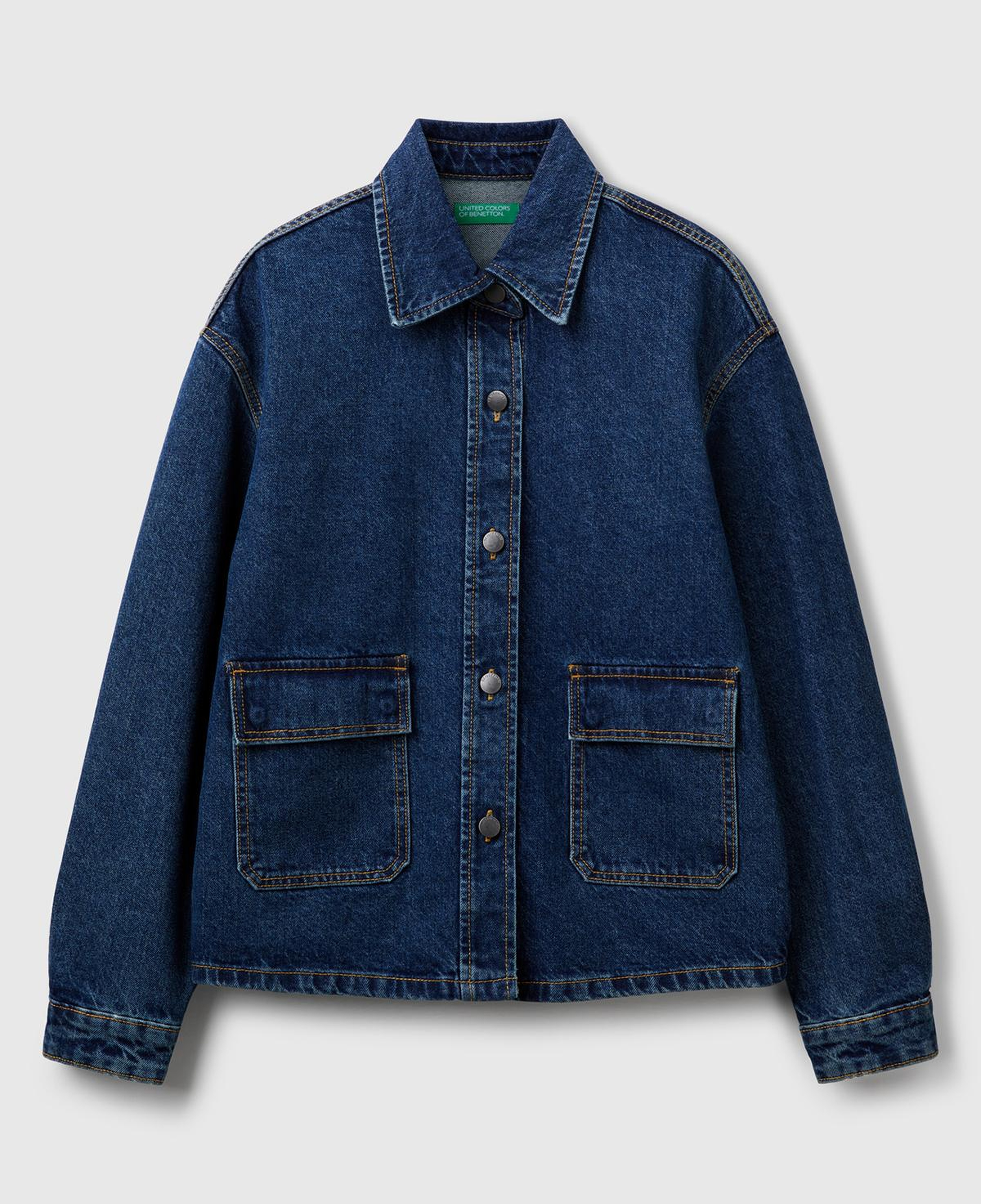 Kadın Koyu Mavi %100 Pamuk Cepli Düğmeli Oversize Denim Ceket