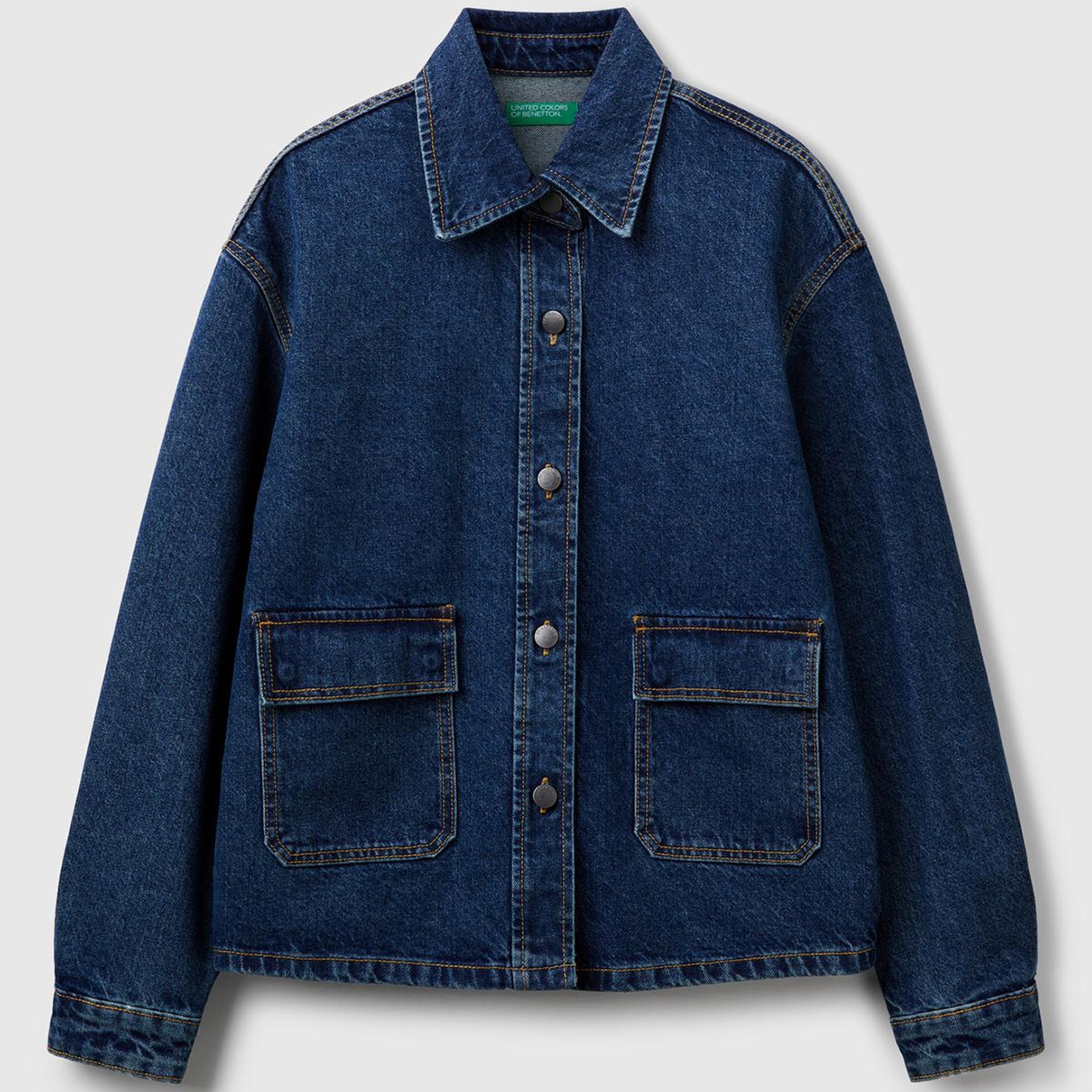 Kadın Koyu Mavi %100 Pamuk Cepli Düğmeli Oversize Denim Ceket