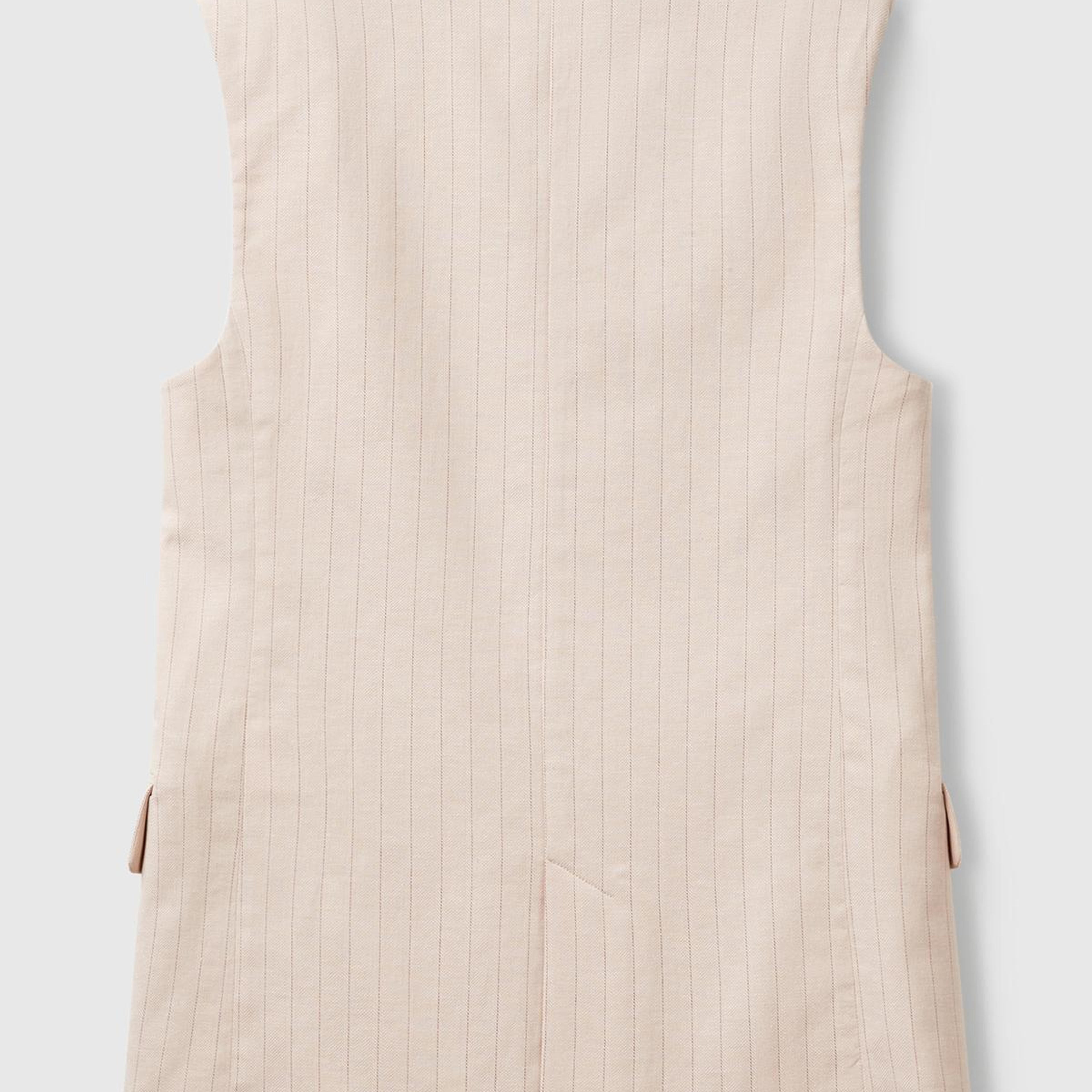Kadın Bej Pamuk ve Keten Karışımlı İnce Çizgili Cepli Kruvaze Yelek