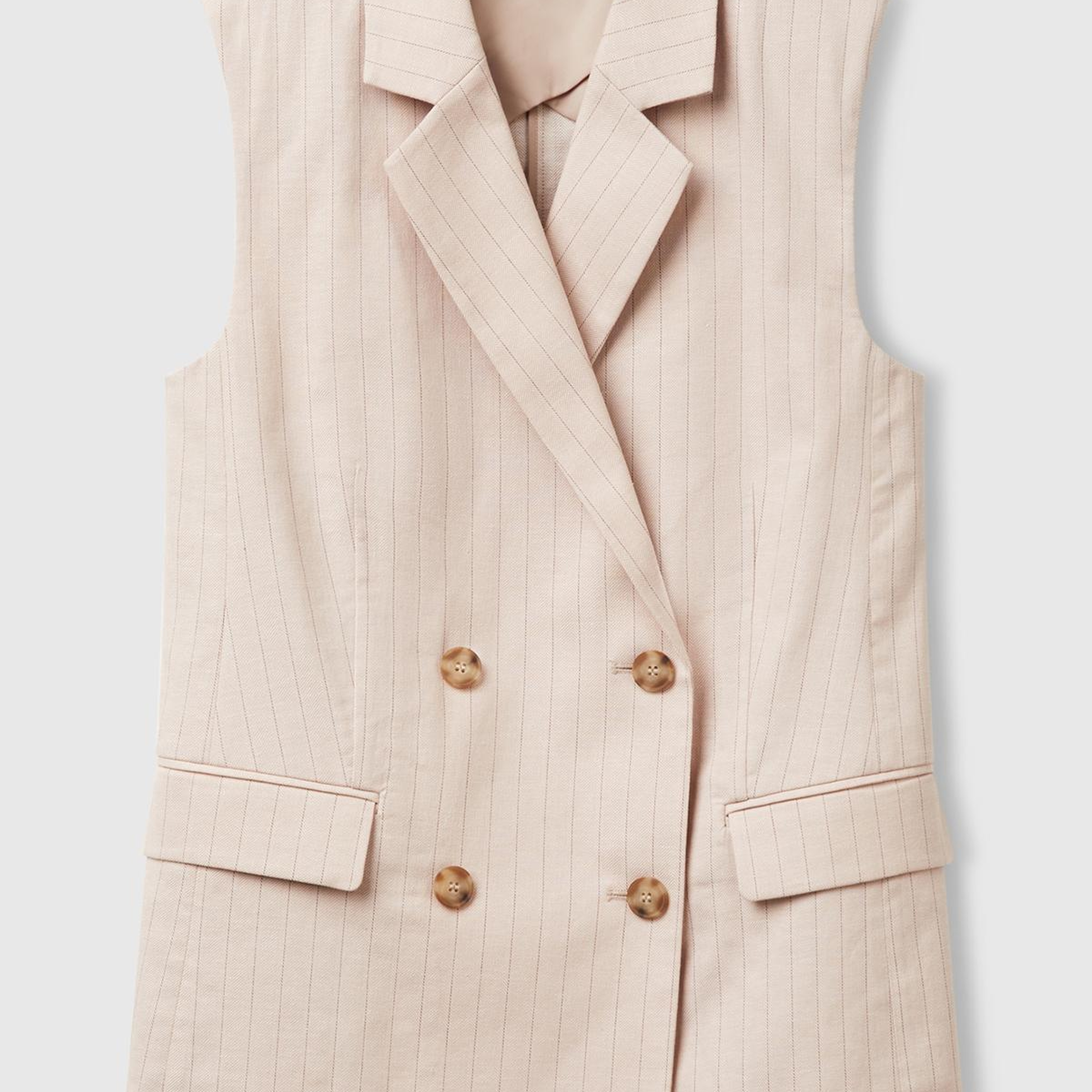 Kadın Bej Pamuk ve Keten Karışımlı İnce Çizgili Cepli Kruvaze Yelek