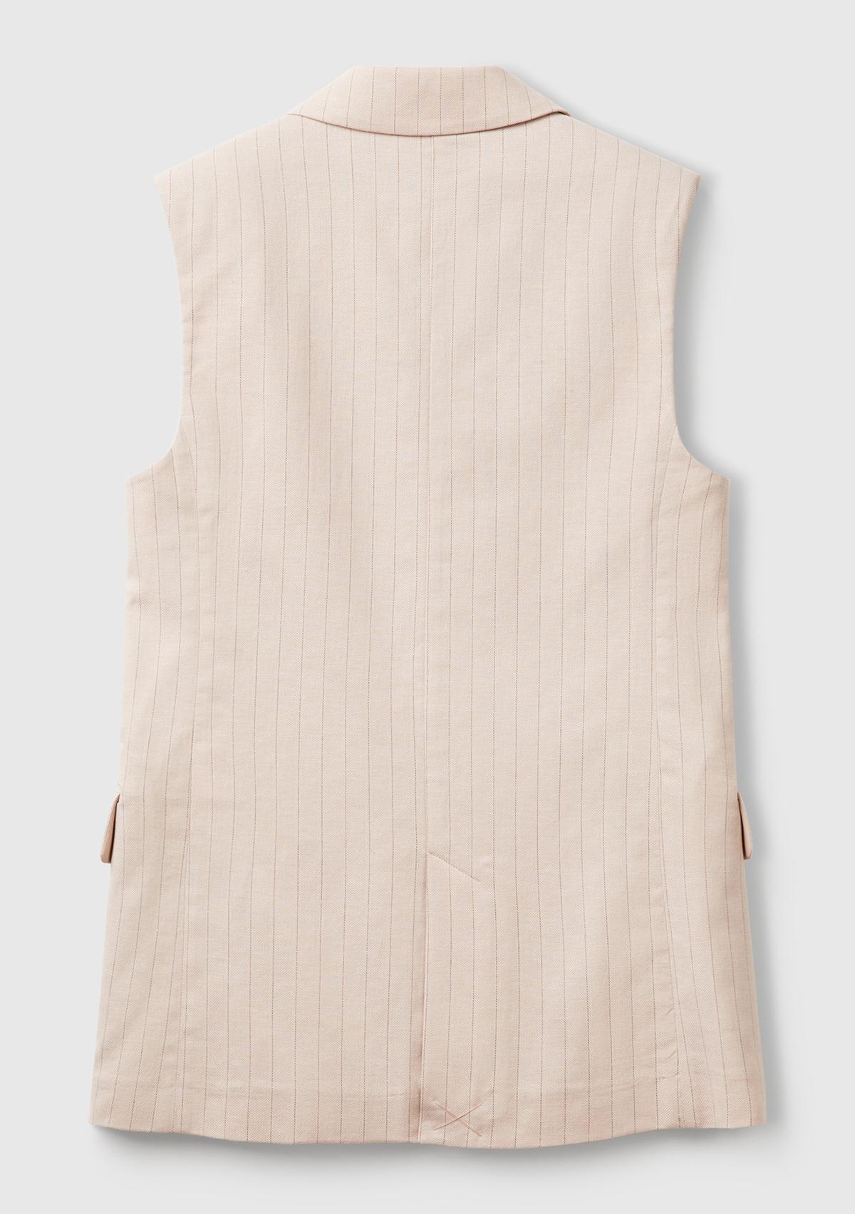 Kadın Bej Pamuk ve Keten Karışımlı İnce Çizgili Cepli Kruvaze Yelek