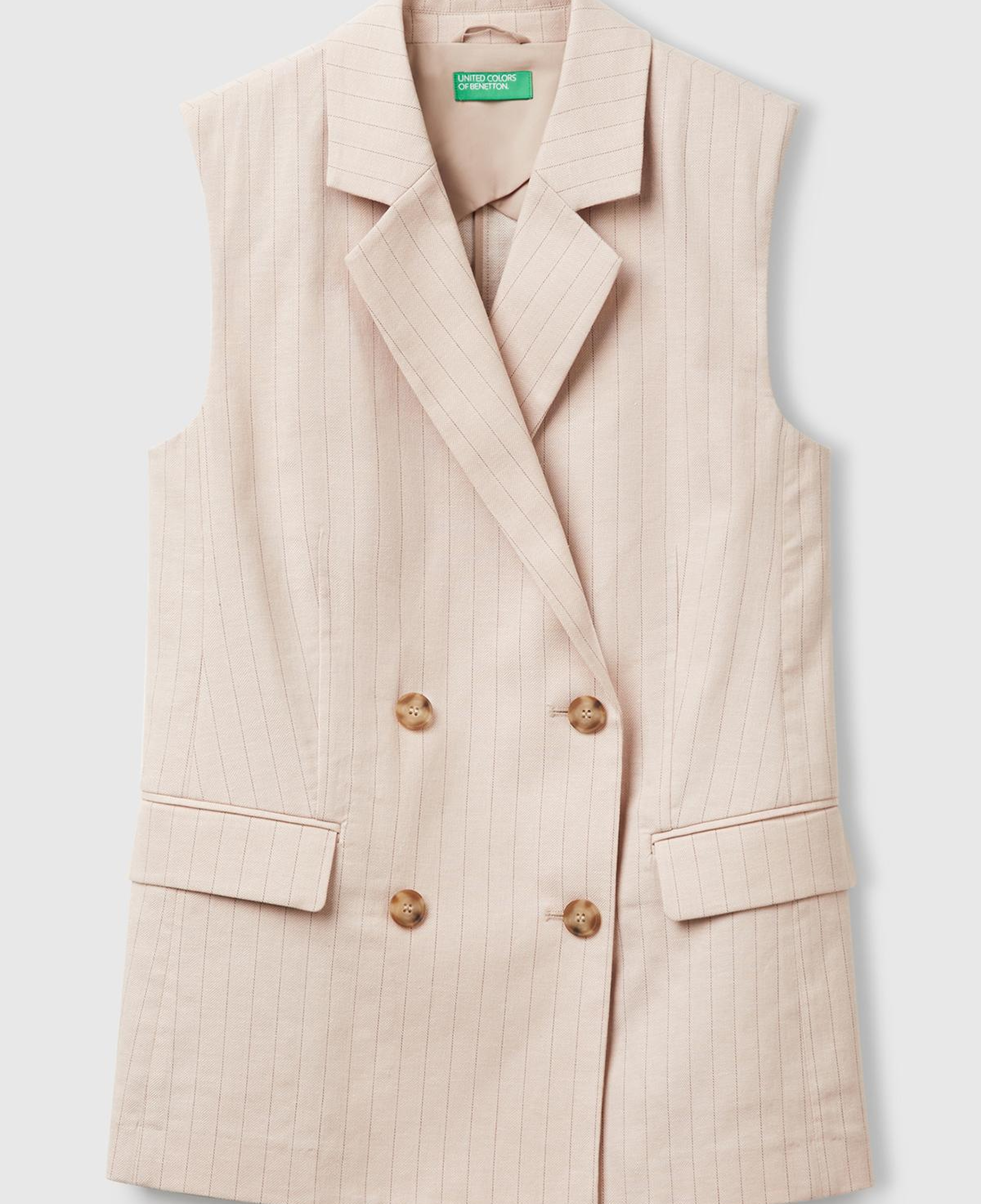 Kadın Bej Pamuk ve Keten Karışımlı İnce Çizgili Cepli Kruvaze Yelek