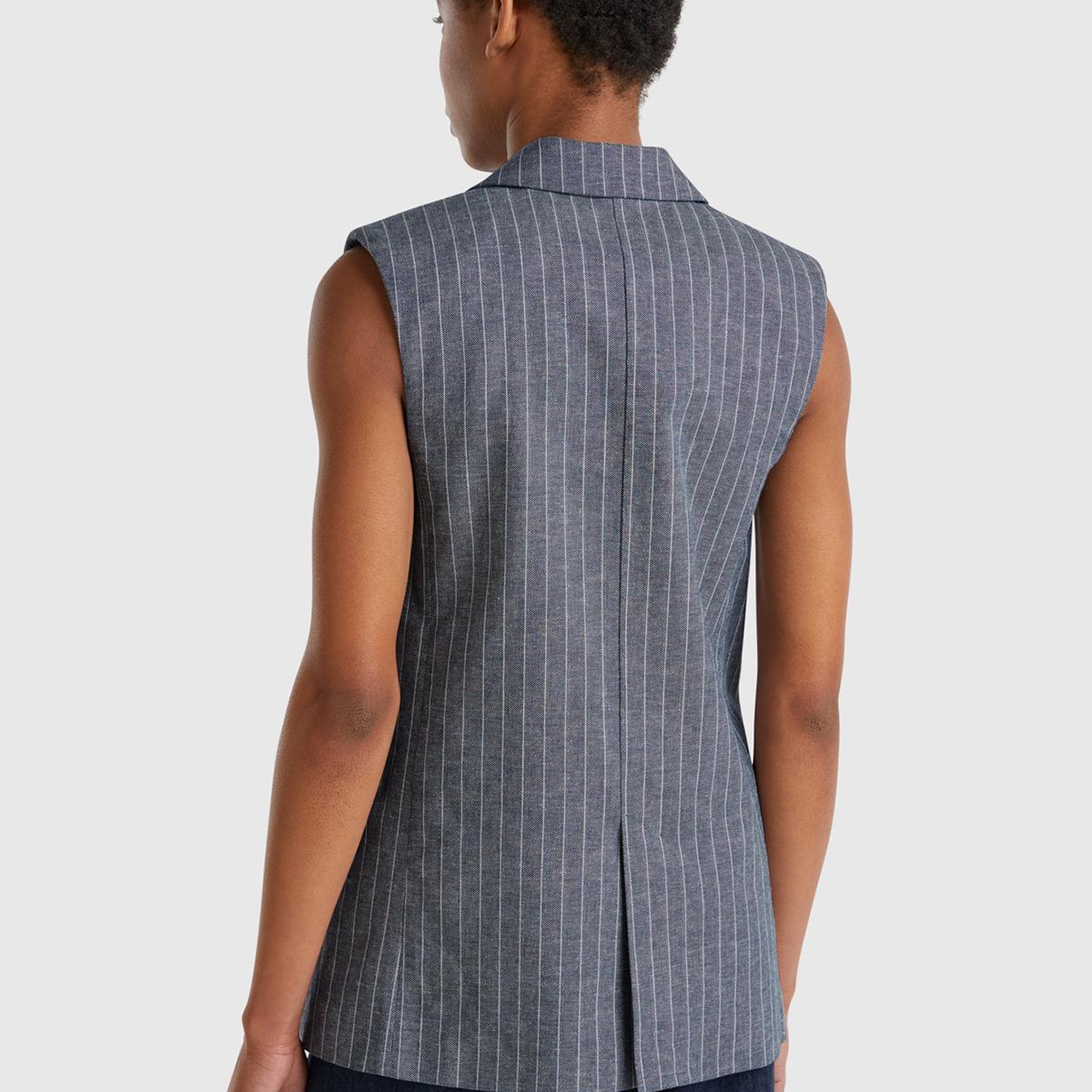 Kadın Lacivert Pamuk ve Keten Karışımlı İnce Çizgili Cepli Kruvaze Yelek