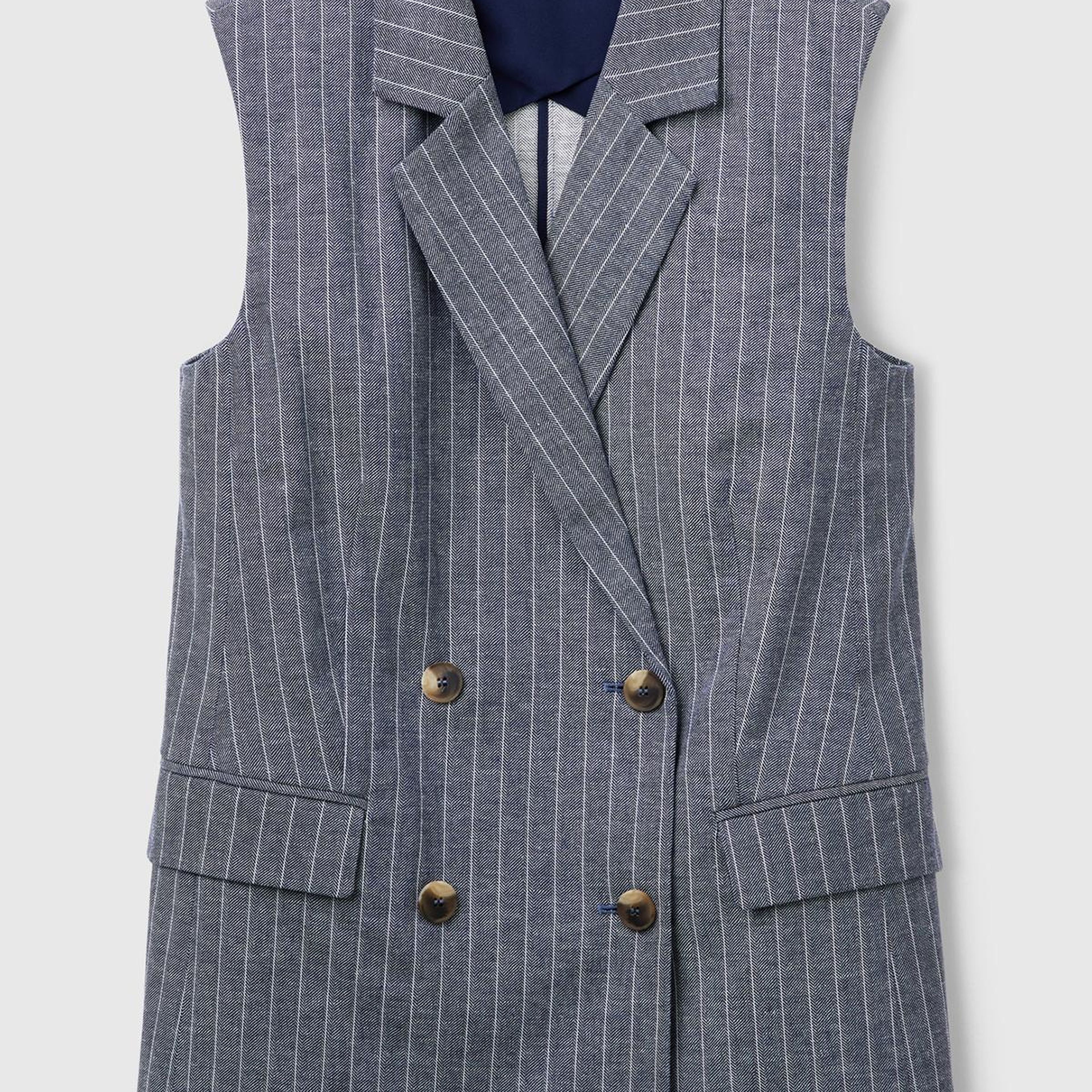 Kadın Lacivert Pamuk ve Keten Karışımlı İnce Çizgili Cepli Kruvaze Yelek