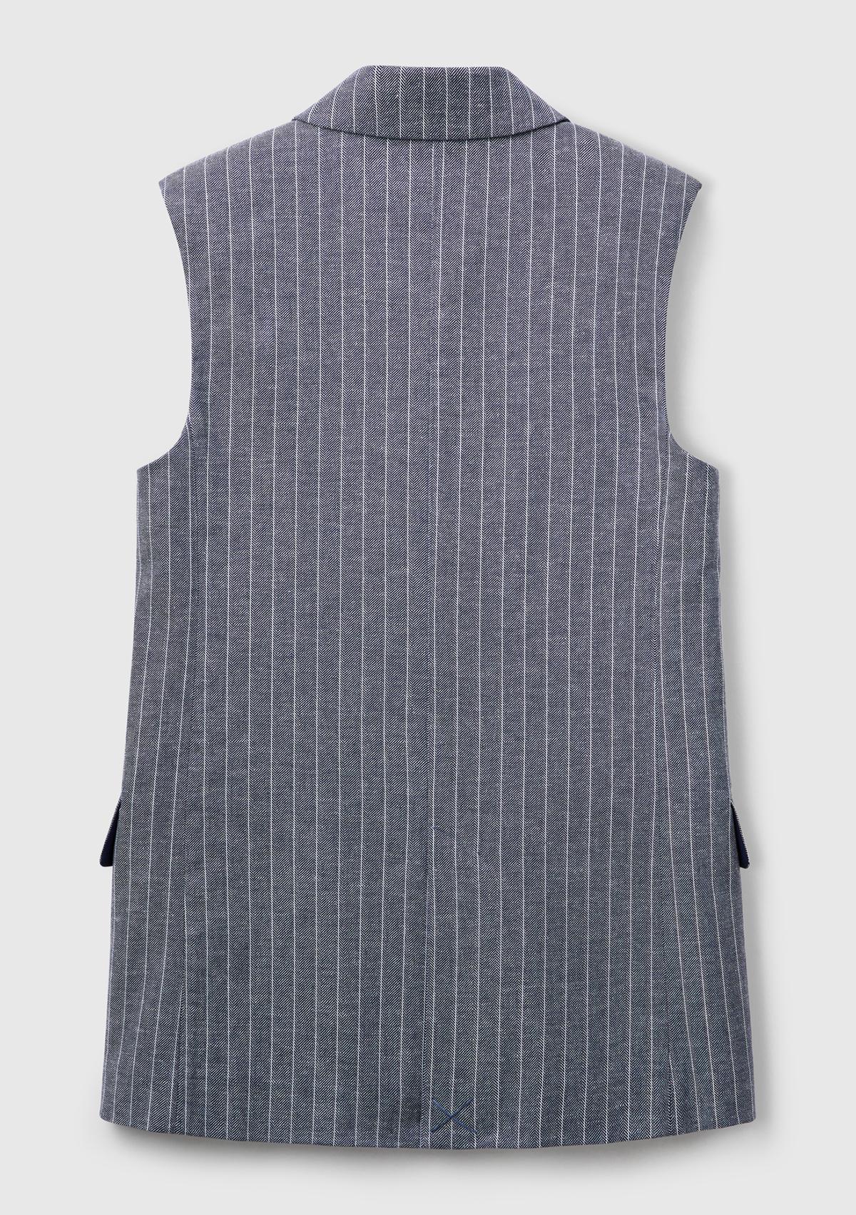 Kadın Lacivert Pamuk ve Keten Karışımlı İnce Çizgili Cepli Kruvaze Yelek